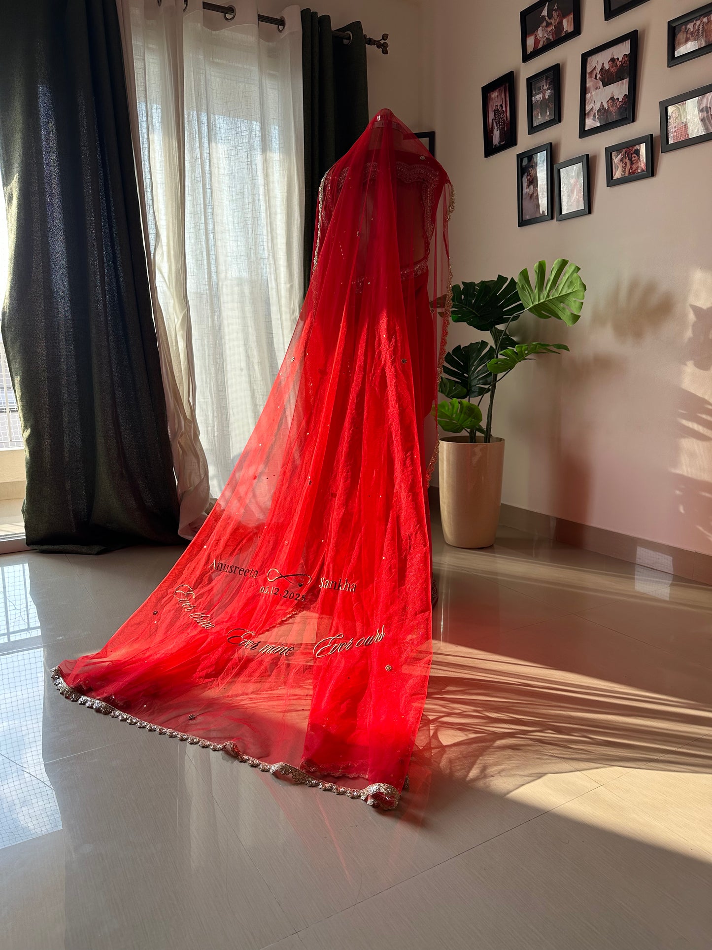 Anusreeta : Red Cathedral length Veil with Couple's name with infinity symbol ; wedding date & a quote