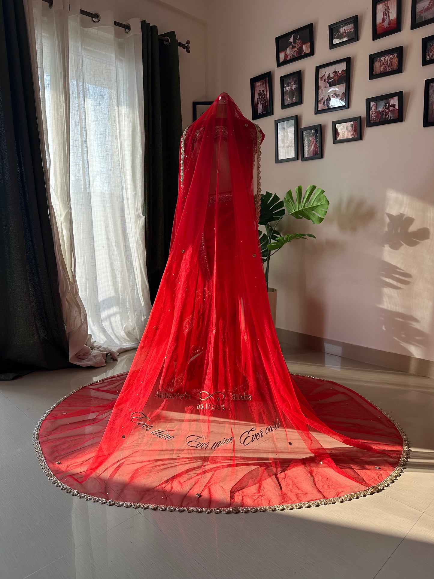 Anusreeta : Red Cathedral length Veil with Couple's name with infinity symbol ; wedding date & a quote