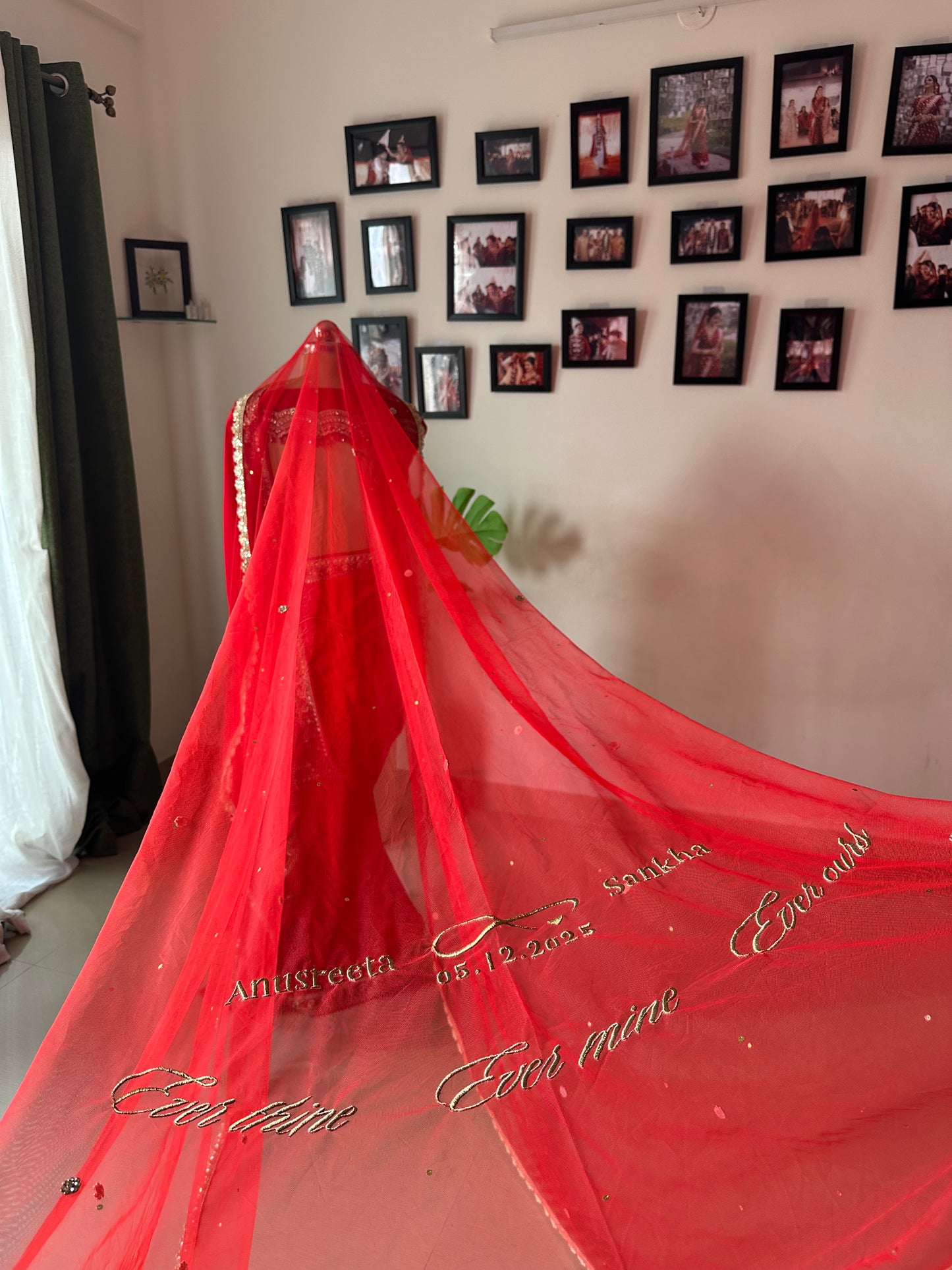 Anusreeta : Red Cathedral length Veil with Couple's name with infinity symbol ; wedding date & a quote