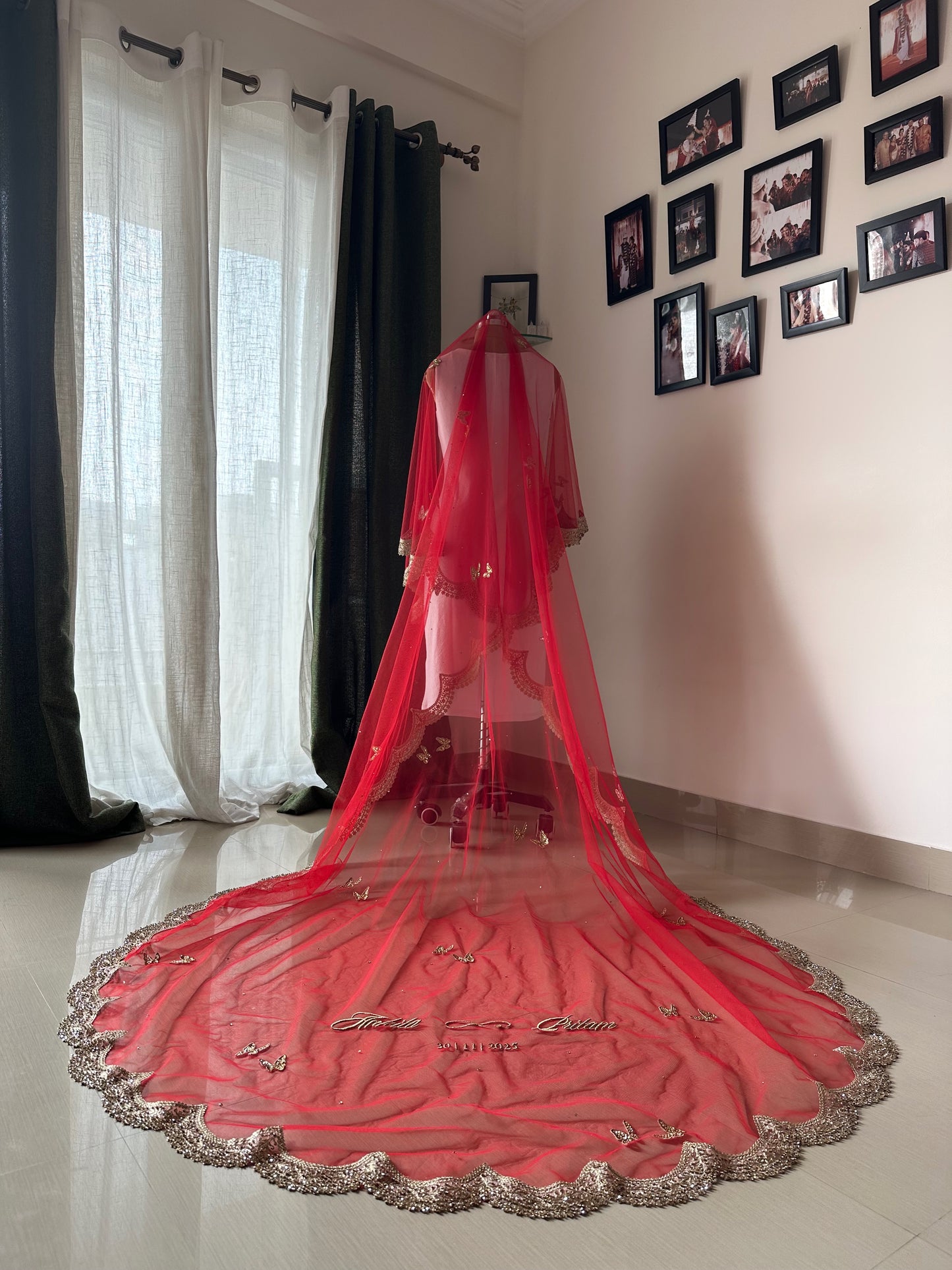 Enchanted Wings : A Red Bridal Veil with Stone-Studded Butterflies