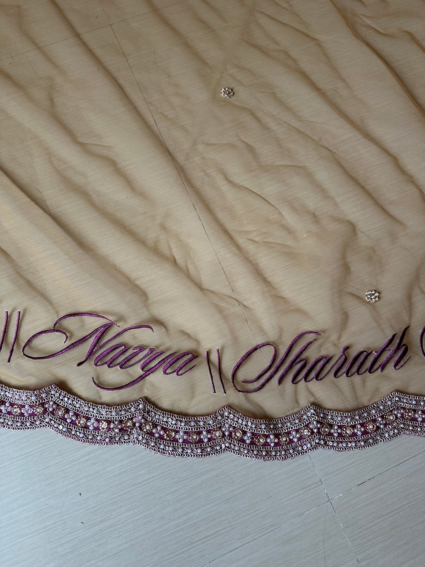 Ancestral Blessings : A Gold Tule veil with multiple personalisations.