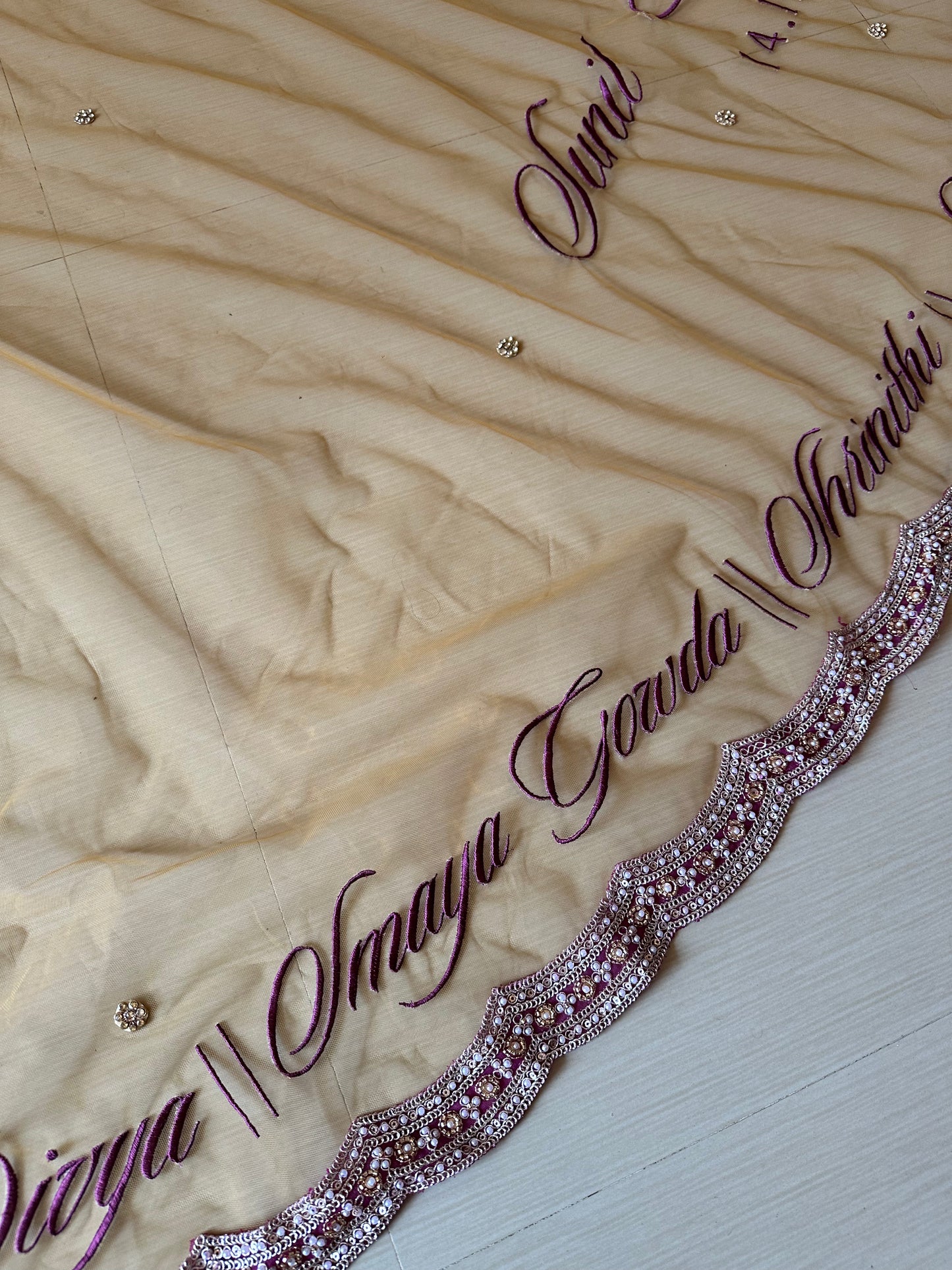 Ancestral Blessings : A Gold Tule veil with multiple personalisations.