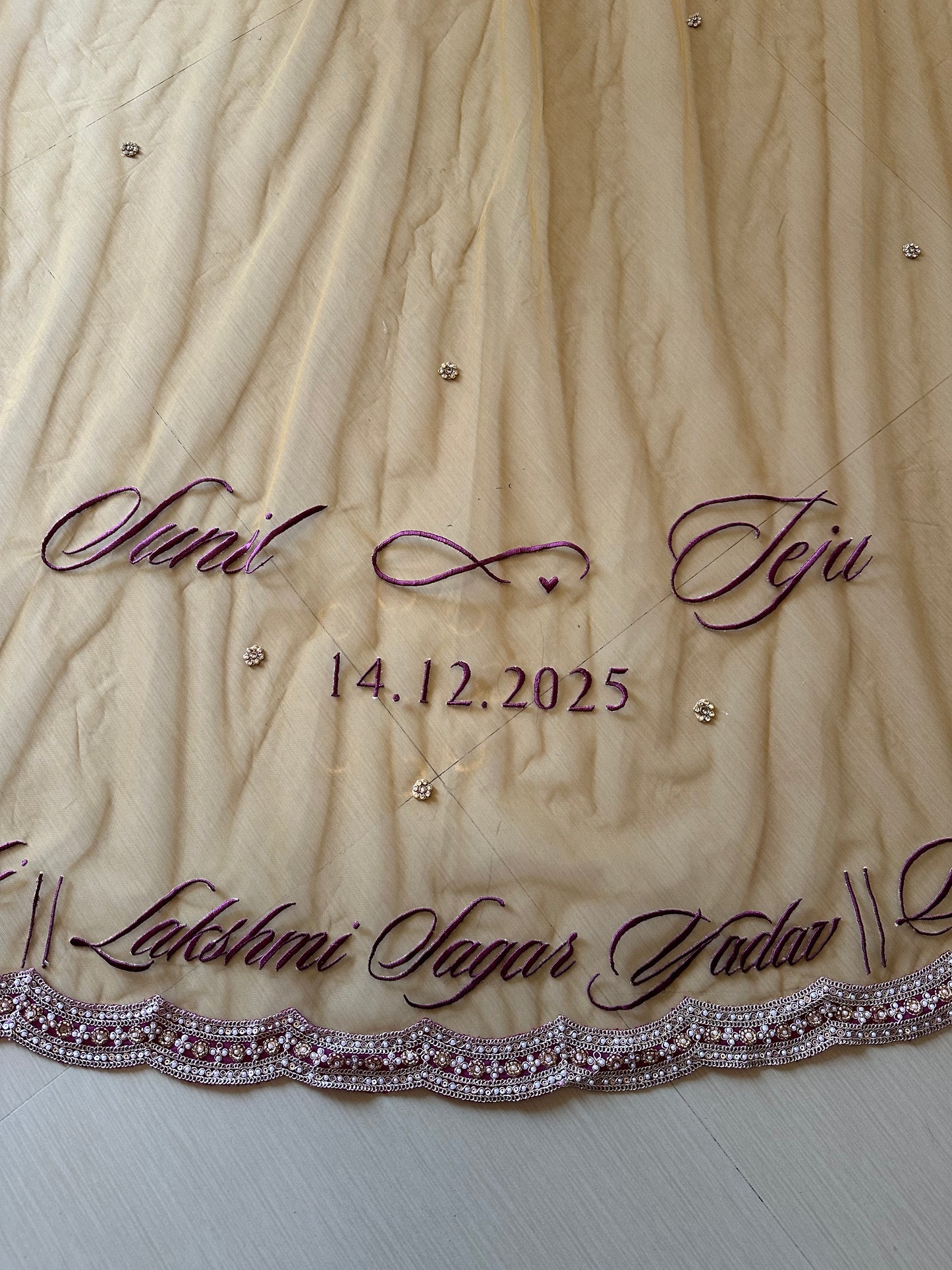 Ancestral Blessings : A Gold Tule veil with multiple personalisations.