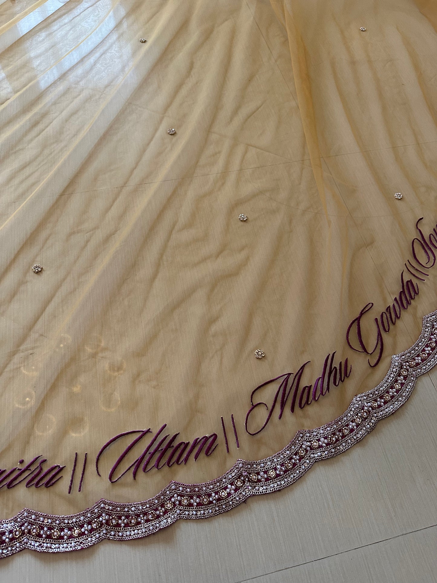 Ancestral Blessings : A Gold Tule veil with multiple personalisations.