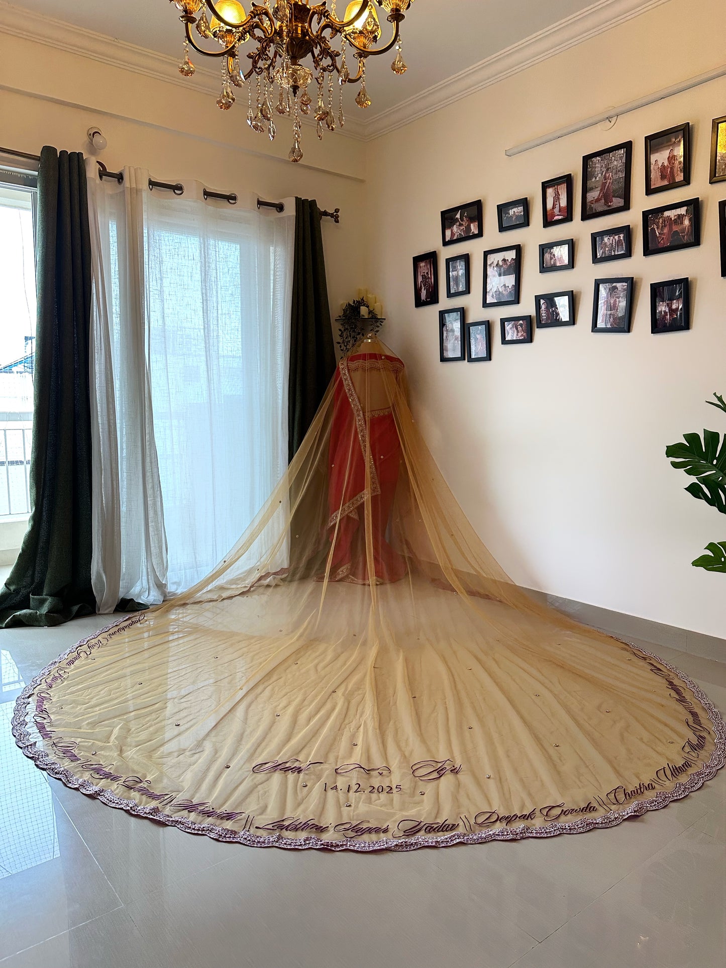 Ancestral Blessings : A Gold Tule veil with multiple personalisations.