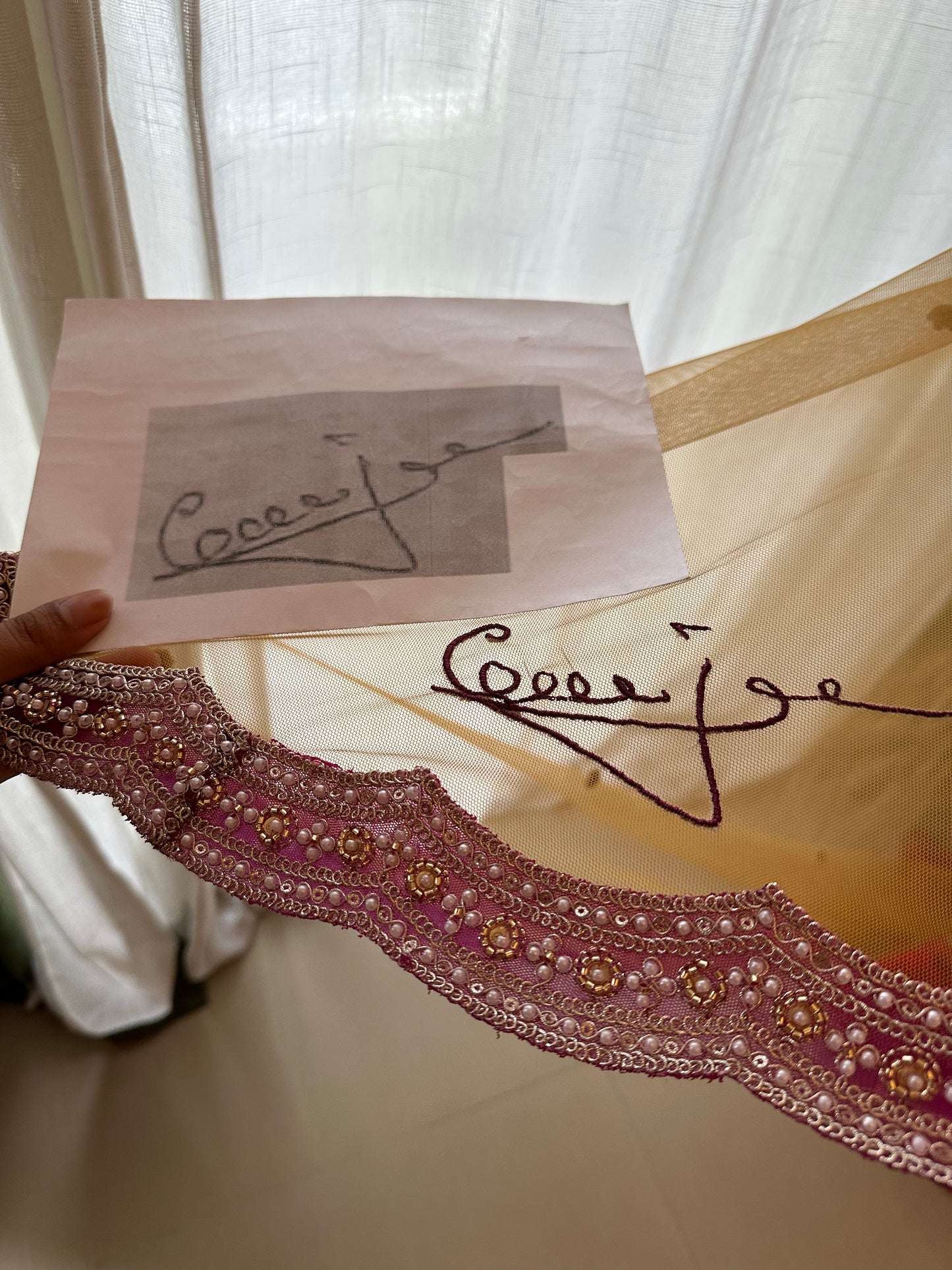 Ancestral Blessings : A Gold Tule veil with multiple personalisations.