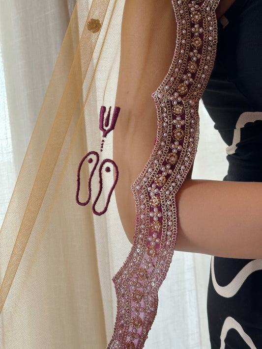 Ancestral Blessings : A Gold Tule veil with multiple personalisations.