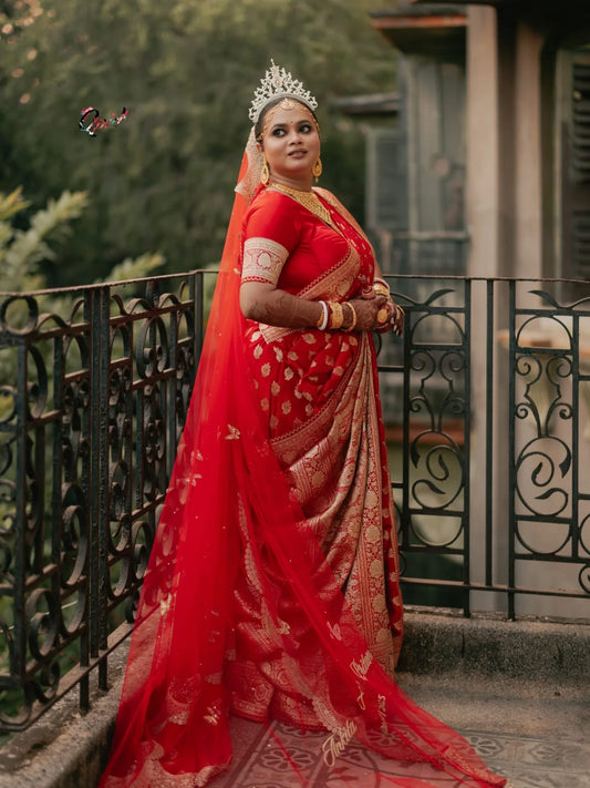 Enchanted Wings : A Red Bridal Veil with Stone-Studded Butterflies