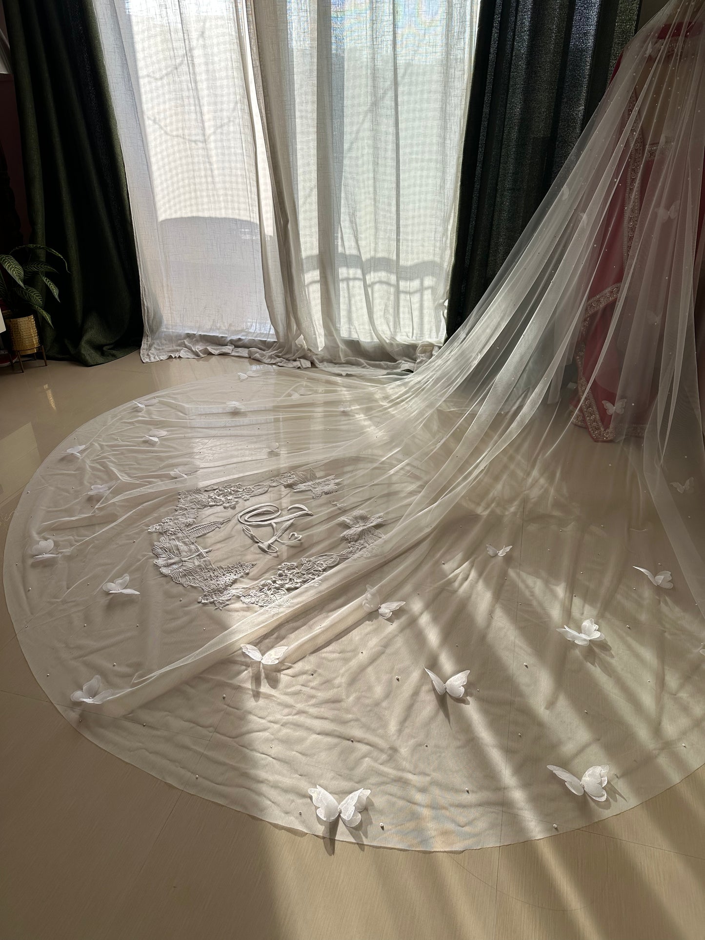 Butterfly Vows : Personalised Logo on Ivory white Cathedral Veil with 3D Butterflies & Quote