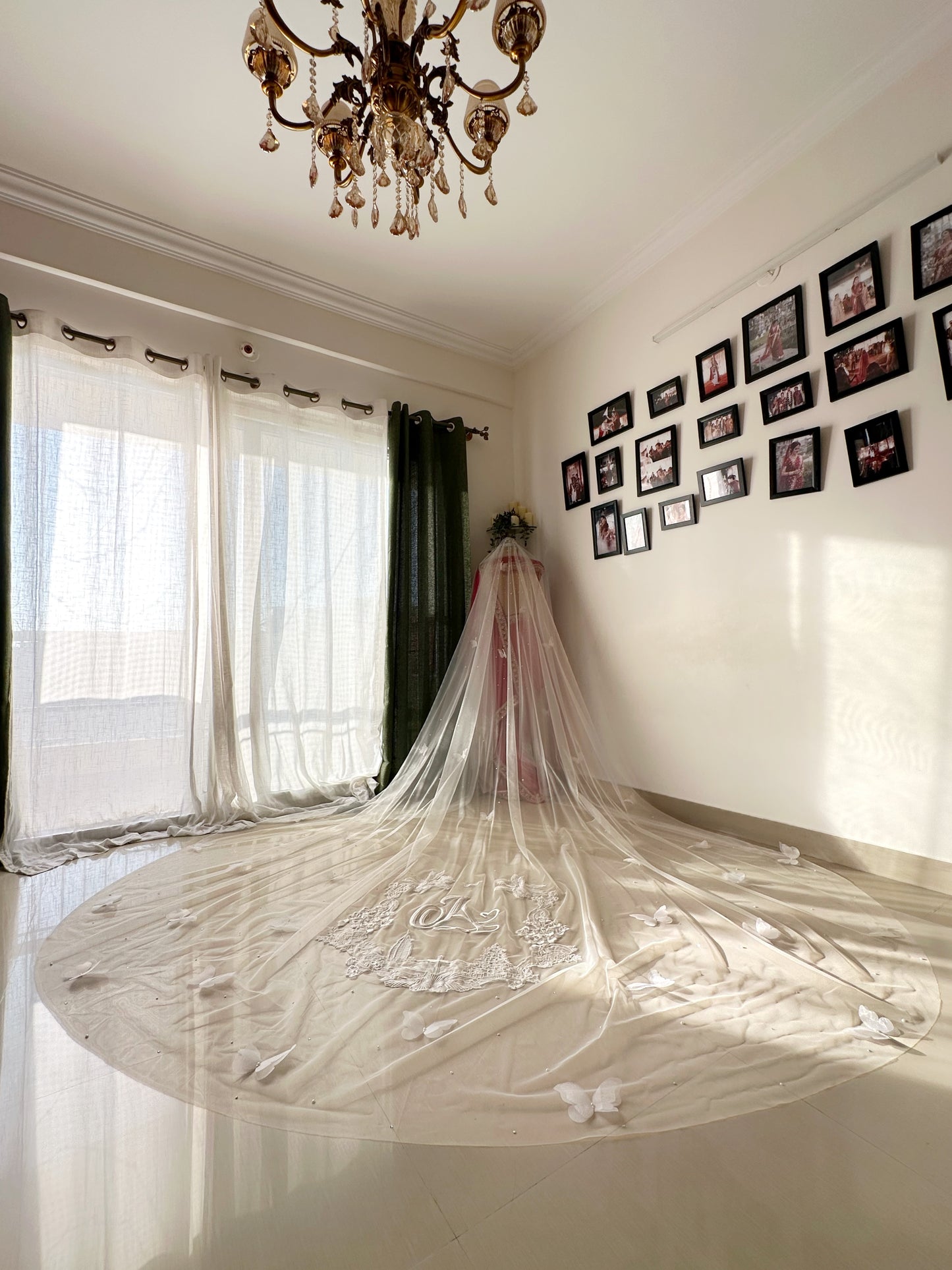 Butterfly Vows : Personalised Logo on Ivory white Cathedral Veil with 3D Butterflies & Quote