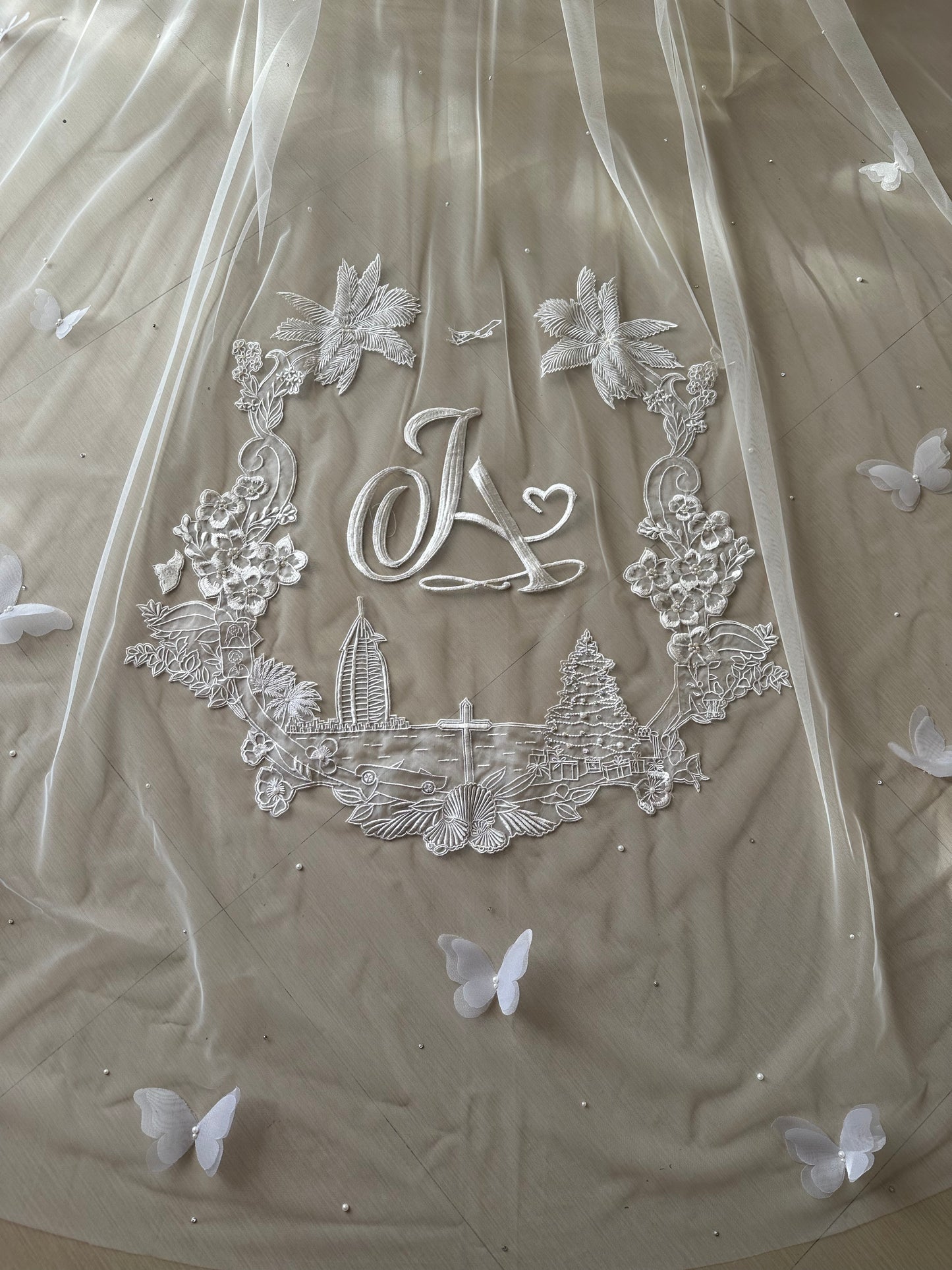 Butterfly Vows : Personalised Logo on Ivory white Cathedral Veil with 3D Butterflies & Quote