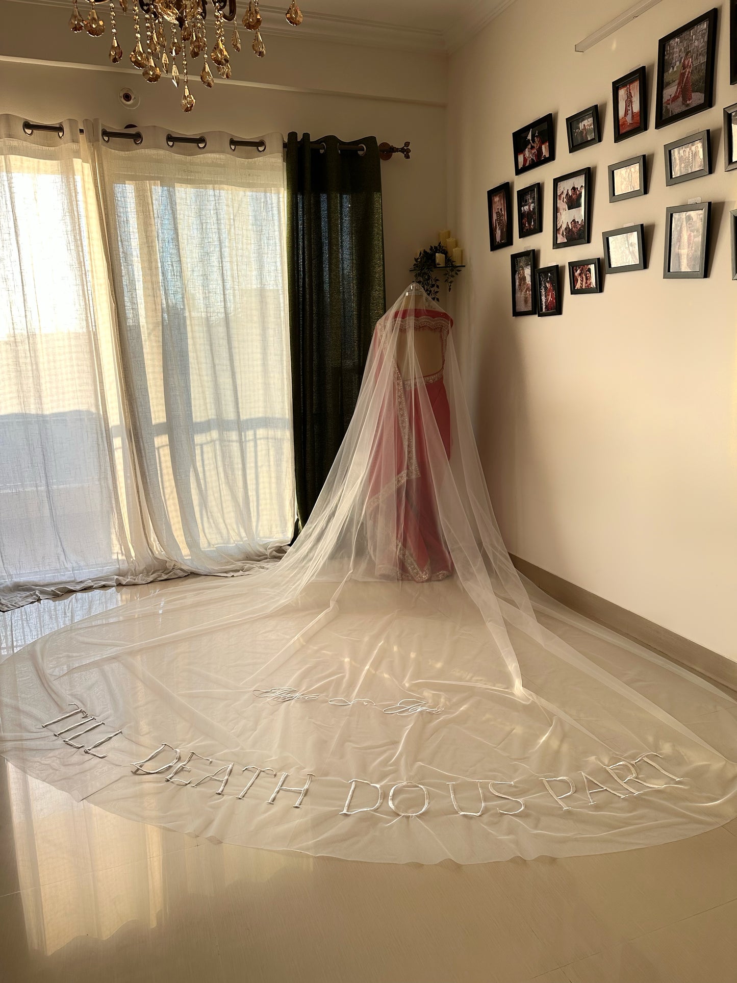 Hailey : "Till Death Do Us Part" quoted 2-tier Ivory white Cathedral Length Veil