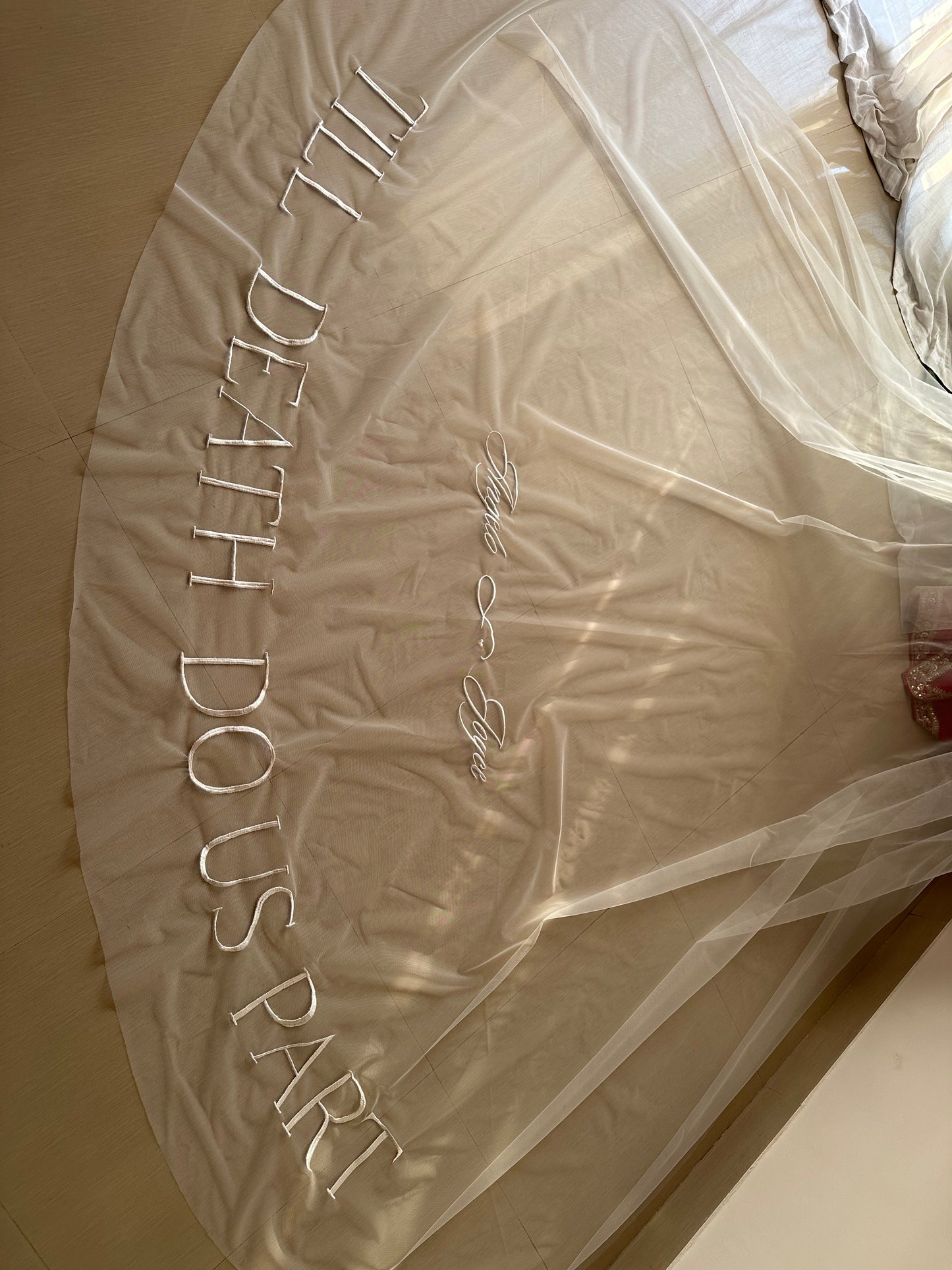 Hailey : "Till Death Do Us Part" quoted 2-tier Ivory white Cathedral Length Veil