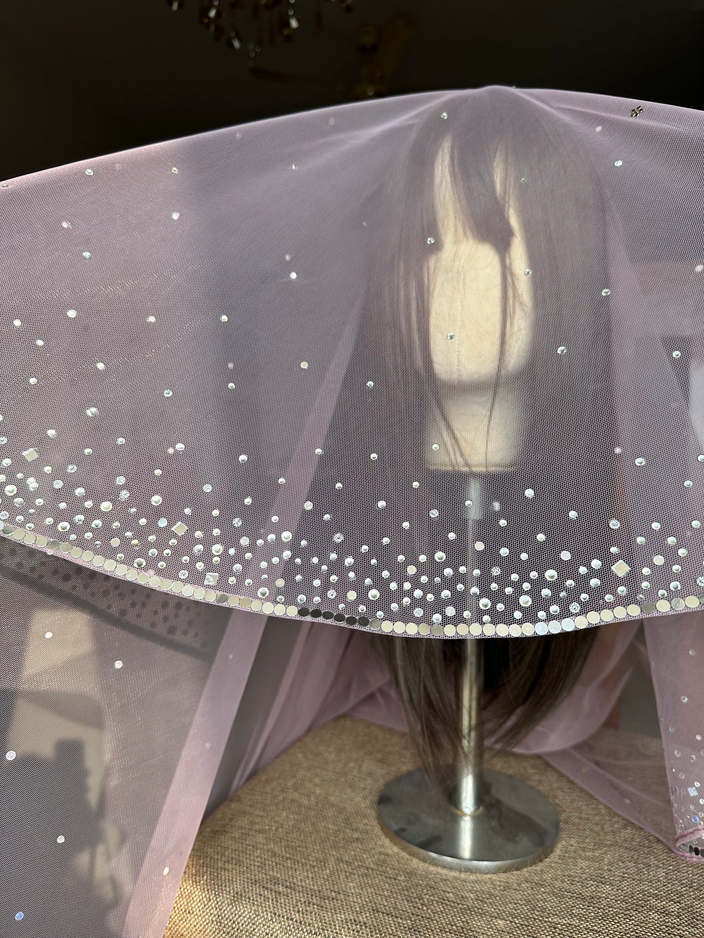 Stardust – A Dusky Pink Hand-Studded Mirrored Bridal Veil with Ombre Embellishments