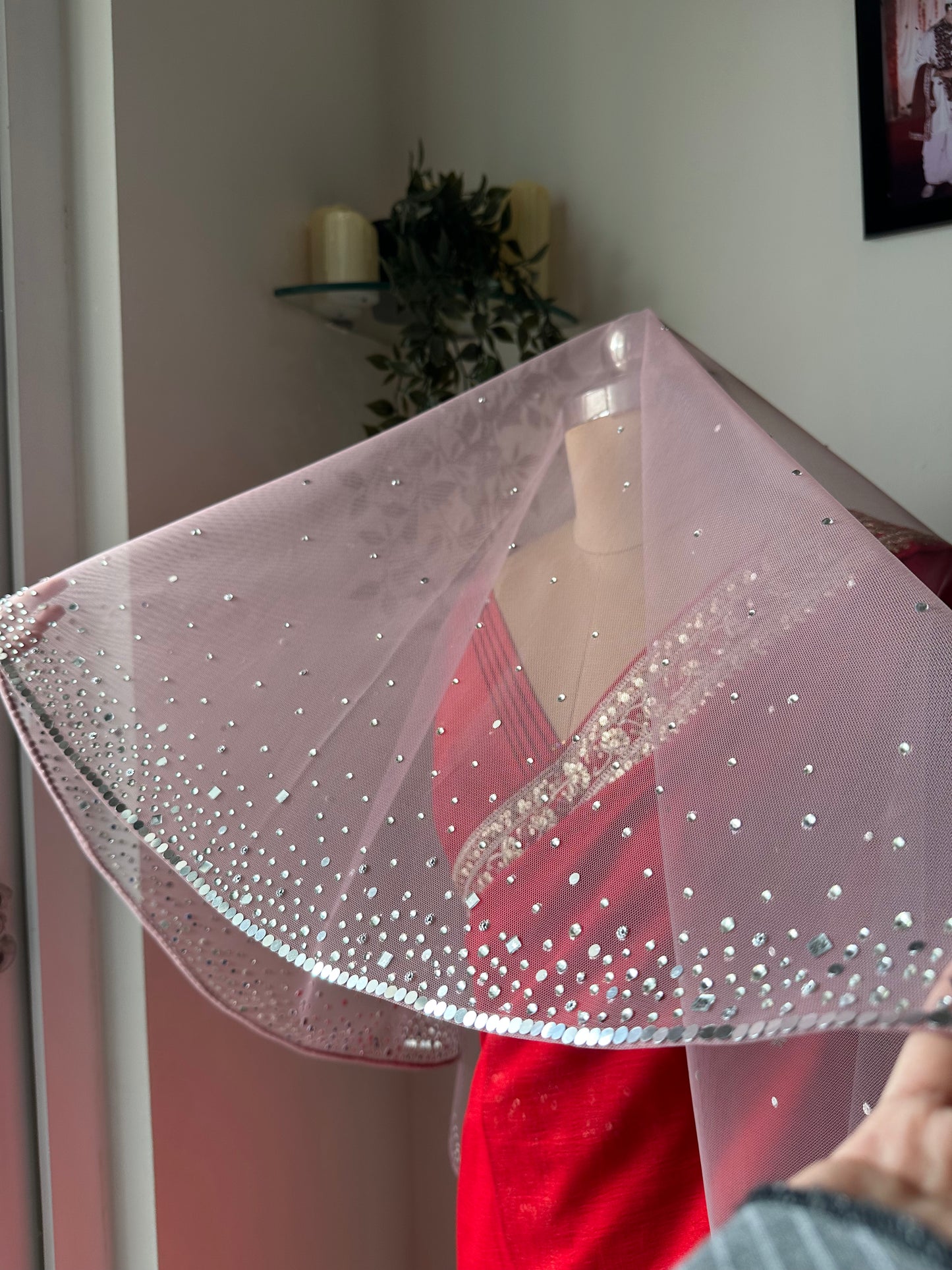 Stardust – A Dusky Pink Hand-Studded Mirrored Bridal Veil with Ombre Embellishments