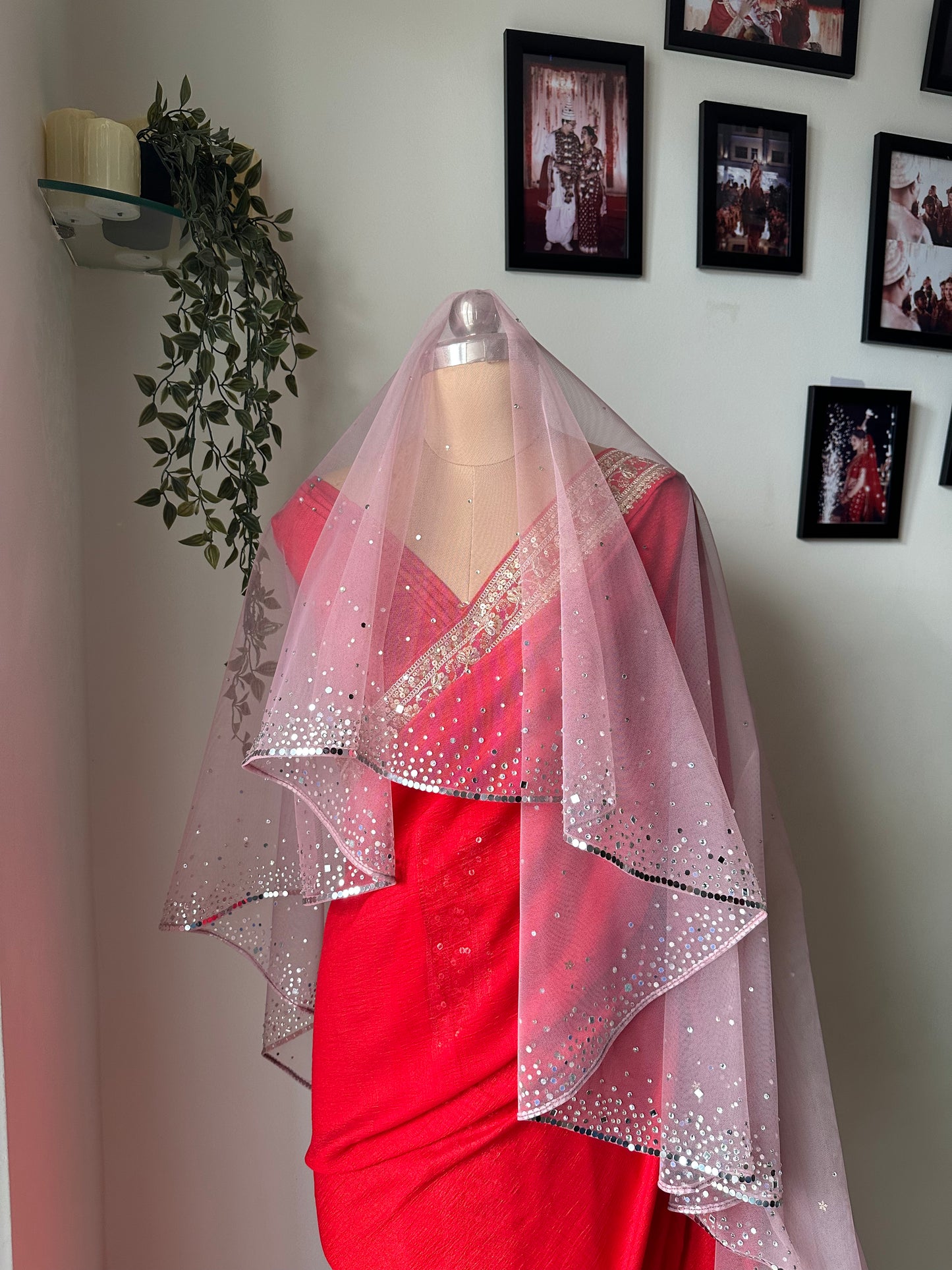 Stardust – A Dusky Pink Hand-Studded Mirrored Bridal Veil with Ombre Embellishments