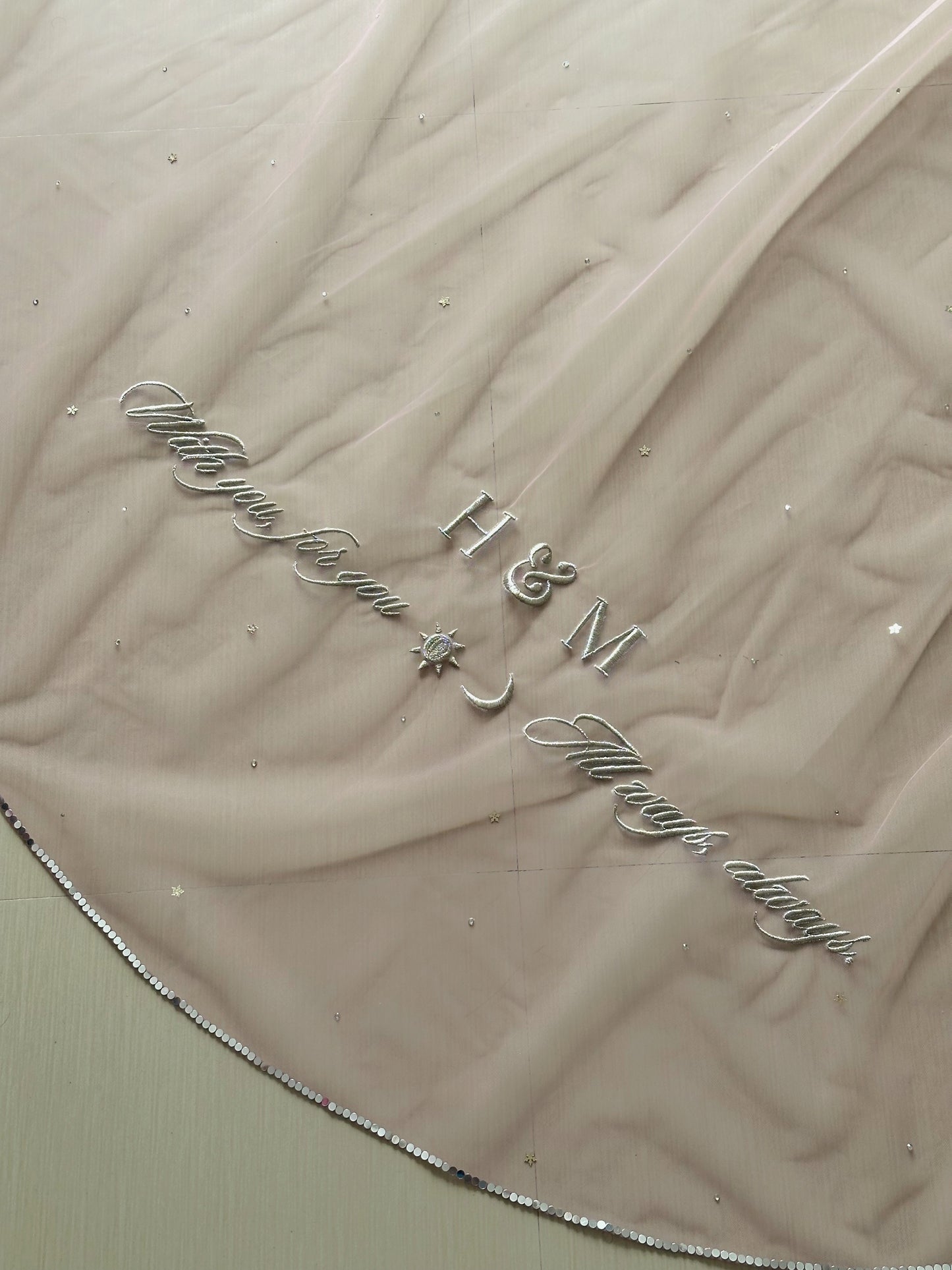 Stardust – A Dusky Pink Hand-Studded Mirrored Bridal Veil with Ombre Embellishments