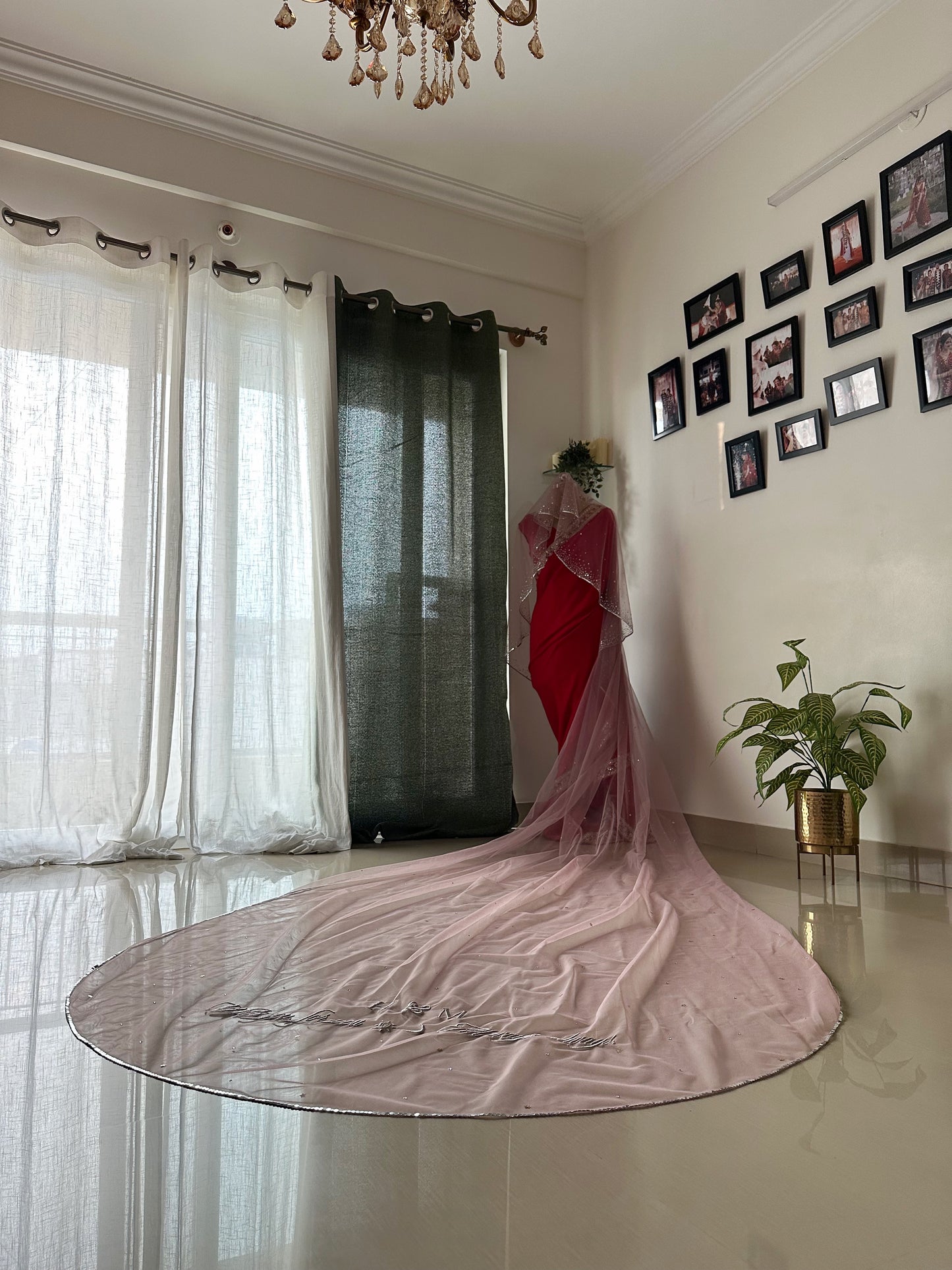 Stardust – A Dusky Pink Hand-Studded Mirrored Bridal Veil with Ombre Embellishments