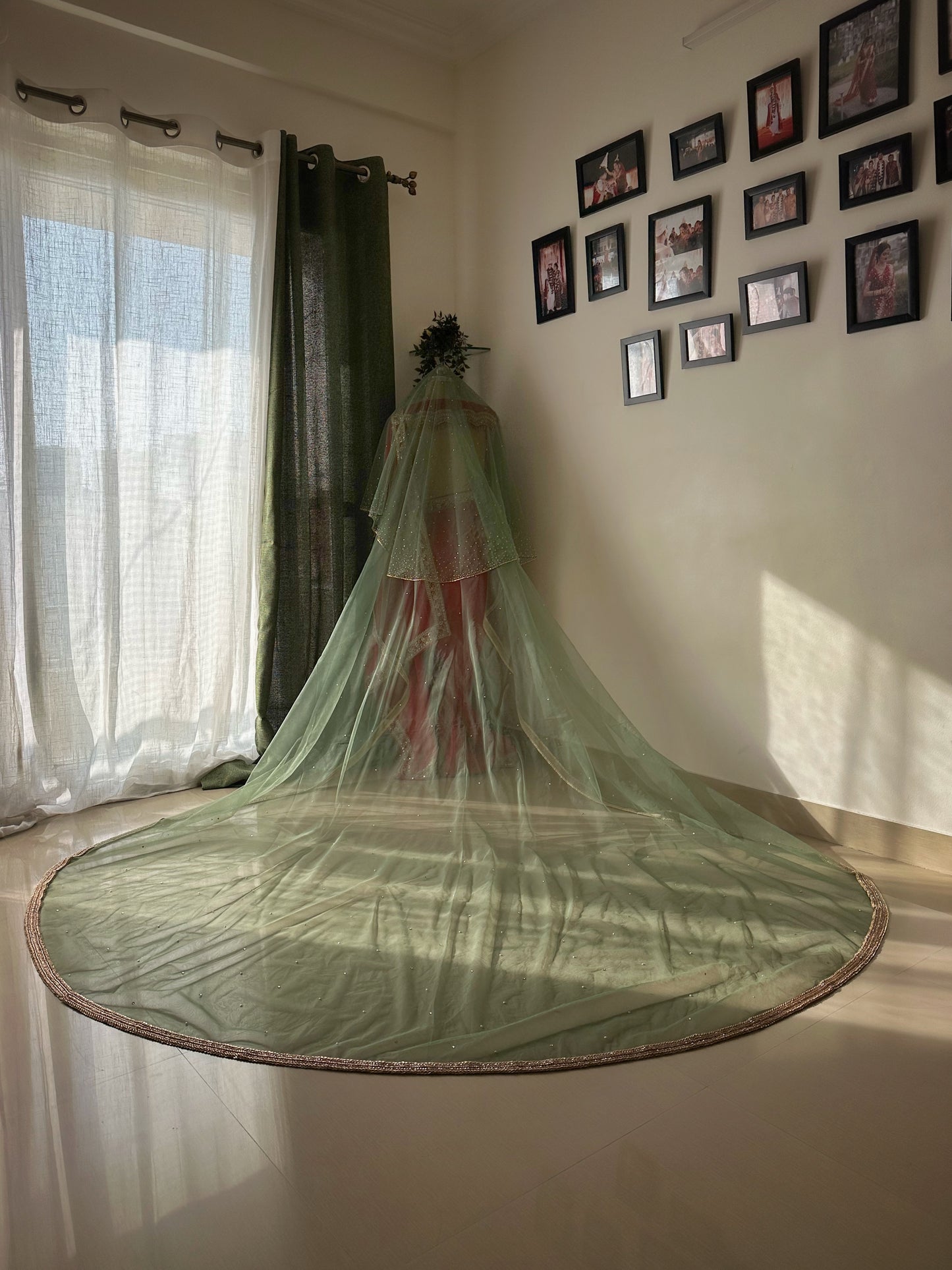 Stardust – A Sage Green Pearl & Rhinestone Bridal Veil with Ombre studded Blusher