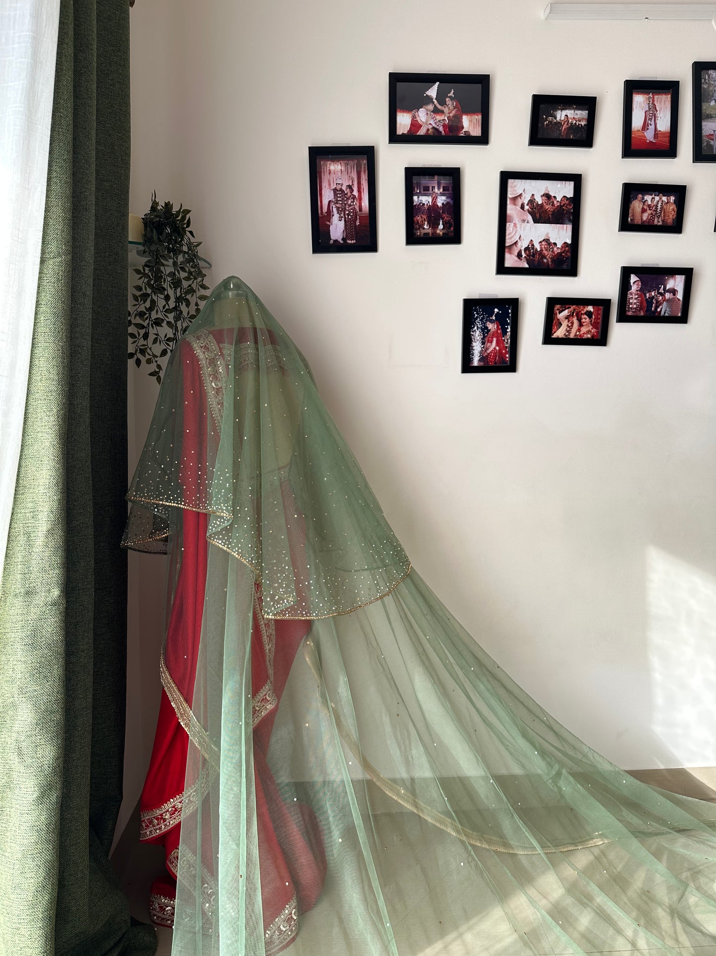 Stardust – A Sage Green Pearl & Rhinestone Bridal Veil with Ombre studded Blusher