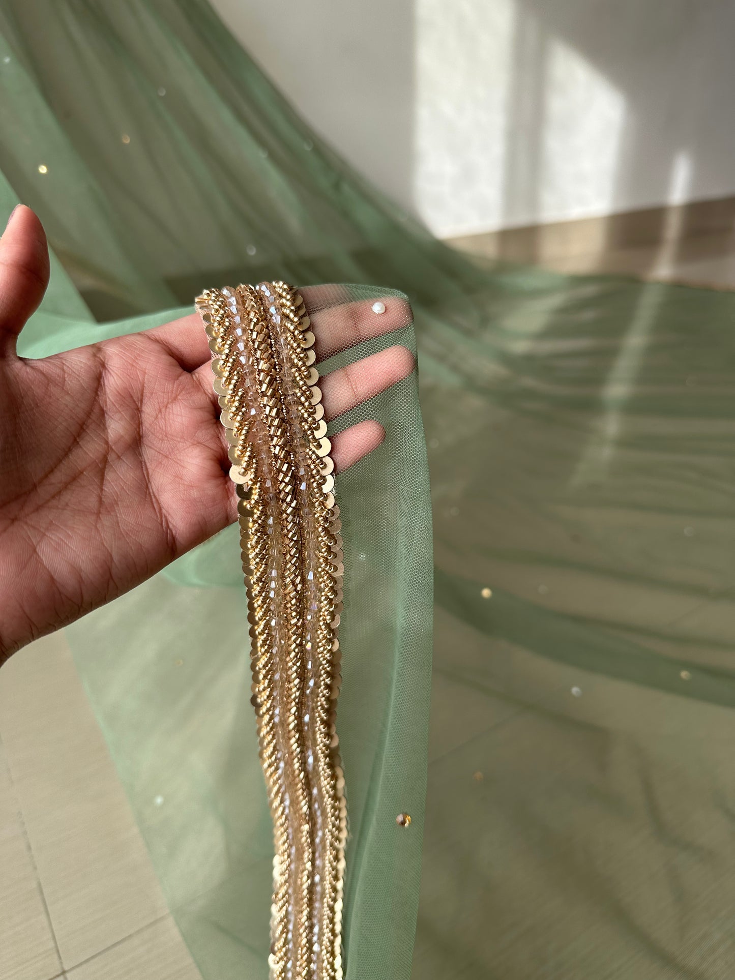 Stardust – A Sage Green Pearl & Rhinestone Bridal Veil with Ombre studded Blusher