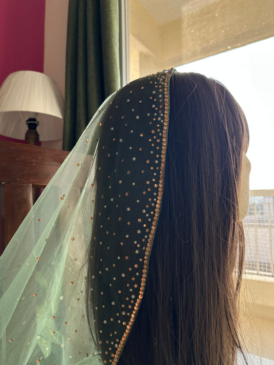 Stardust – A Sage Green Pearl & Rhinestone Bridal Veil with Ombre studded Blusher