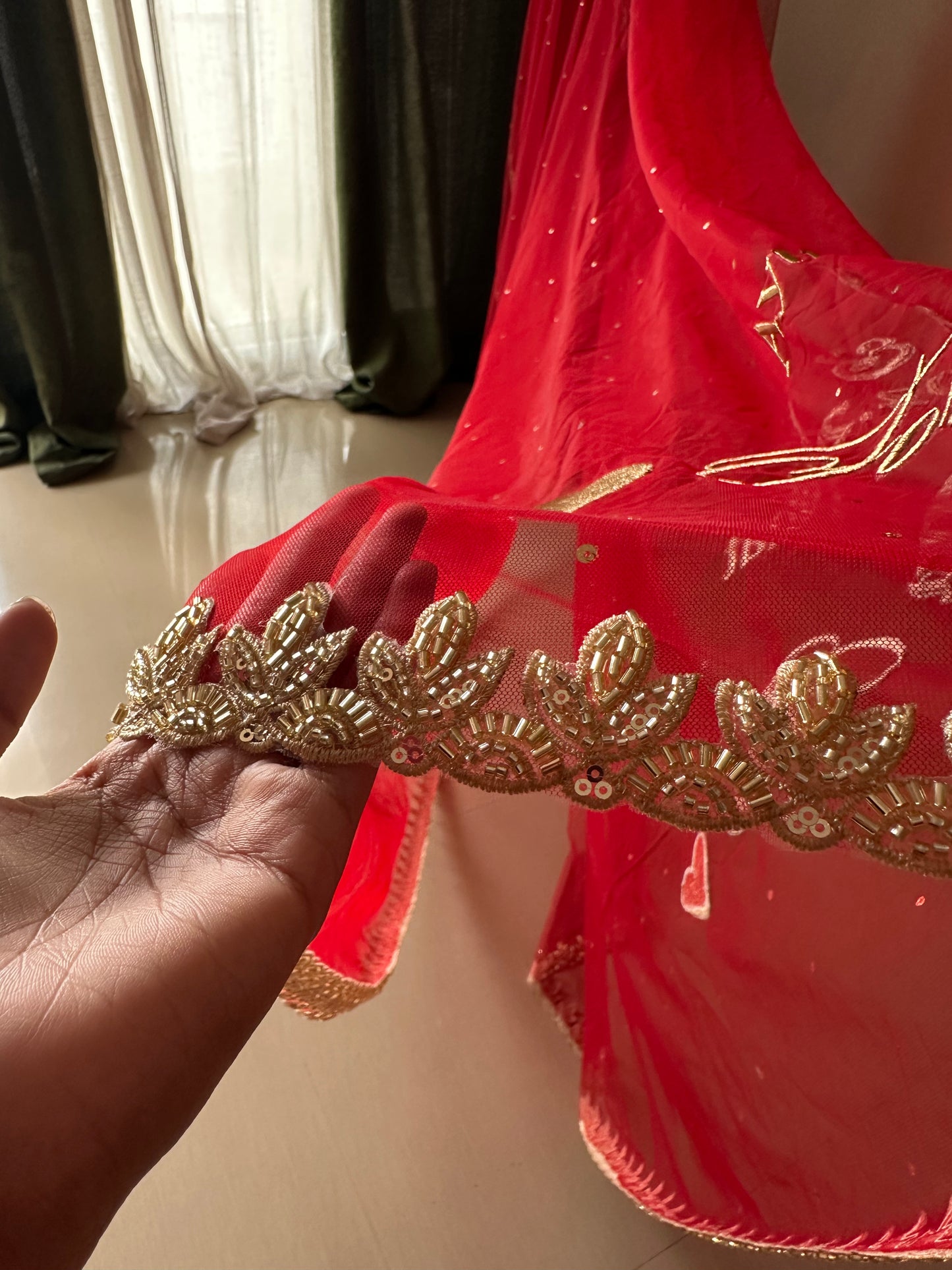 Scarlet 741: A Chapel-Length Red Veil with Golden Leaf Detailing & Personalised Storytelling