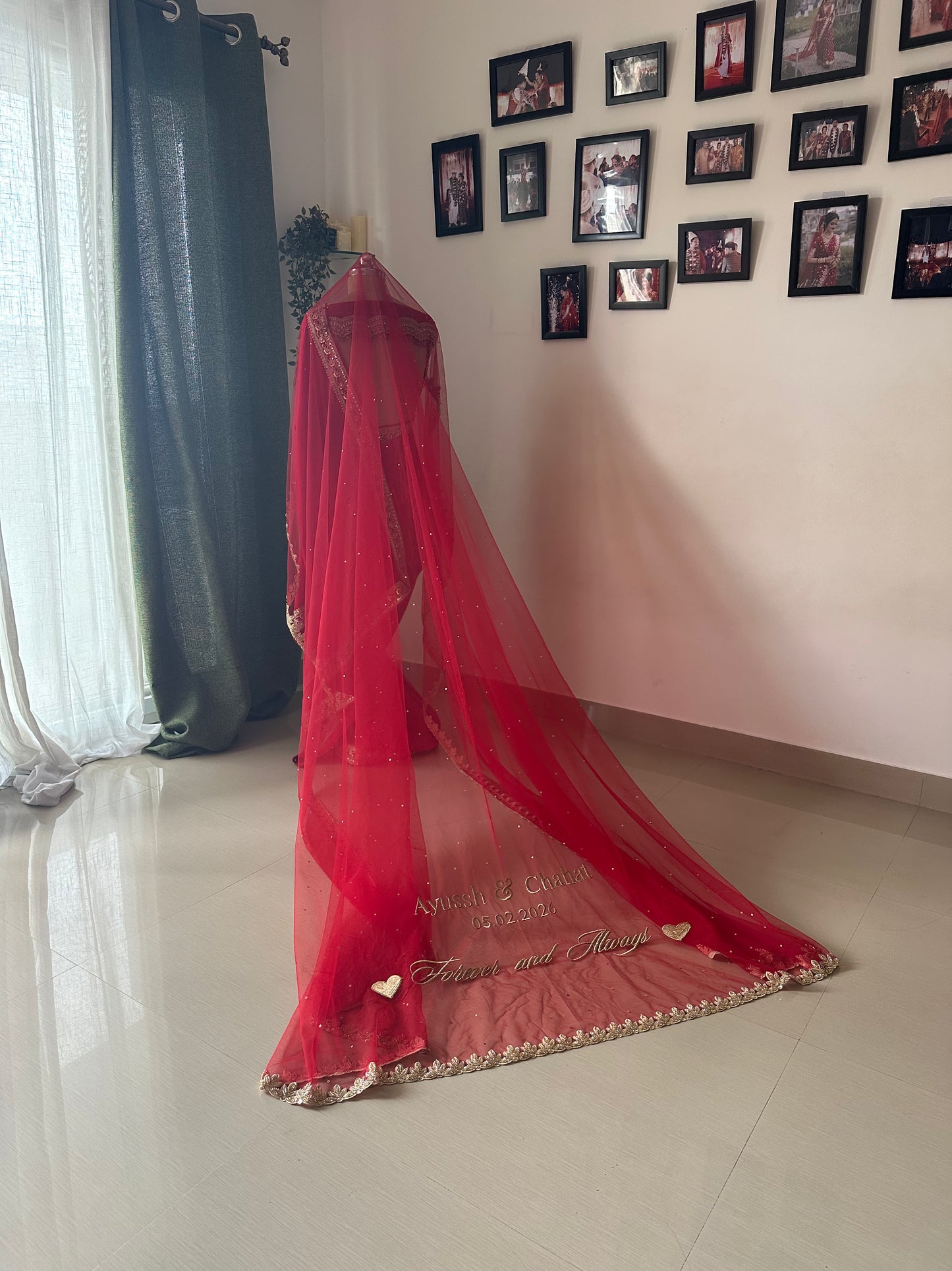 Scarlet 741: A Chapel-Length Red Veil with Golden Leaf Detailing & Personalised Storytelling