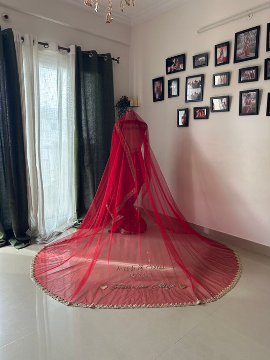 Scarlet 741: A Chapel-Length Red Veil with Golden Leaf Detailing & Personalised Storytelling