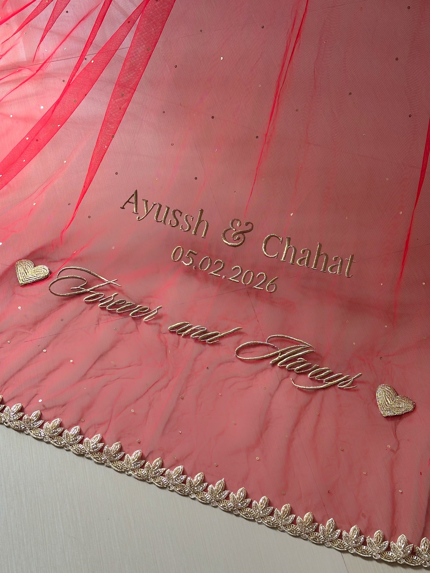 Scarlet 741: A Chapel-Length Red Veil with Golden Leaf Detailing & Personalised Storytelling