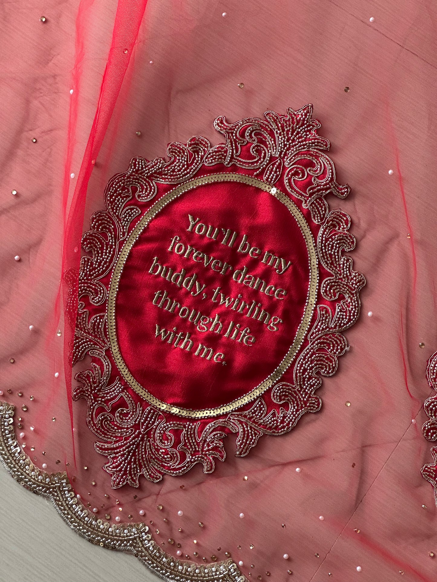 Saat Vachan – Custom Red Cathedral Veil with Couple's hashtag Embroidery