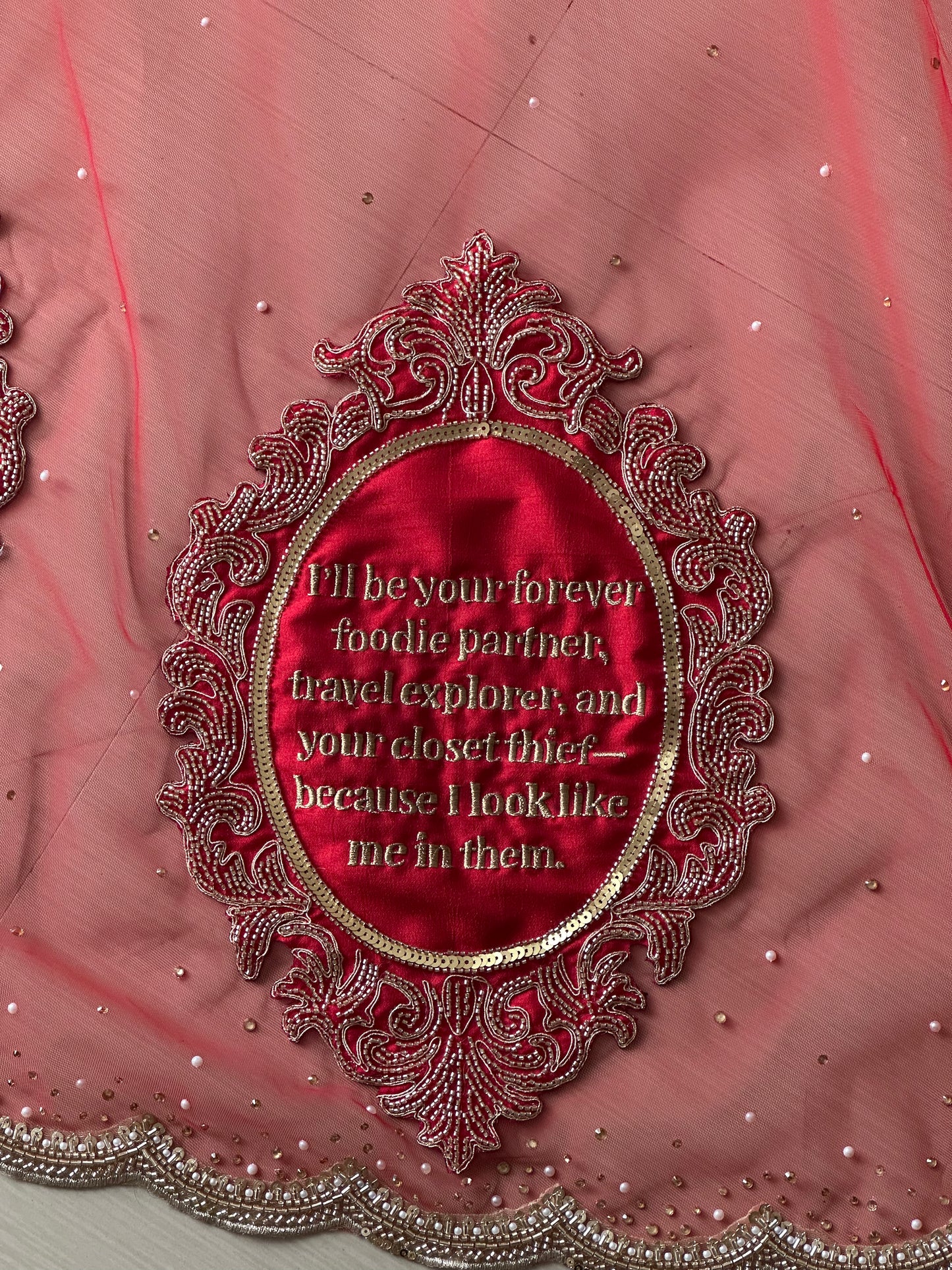 Saat Vachan – Custom Red Cathedral Veil with Couple's hashtag Embroidery