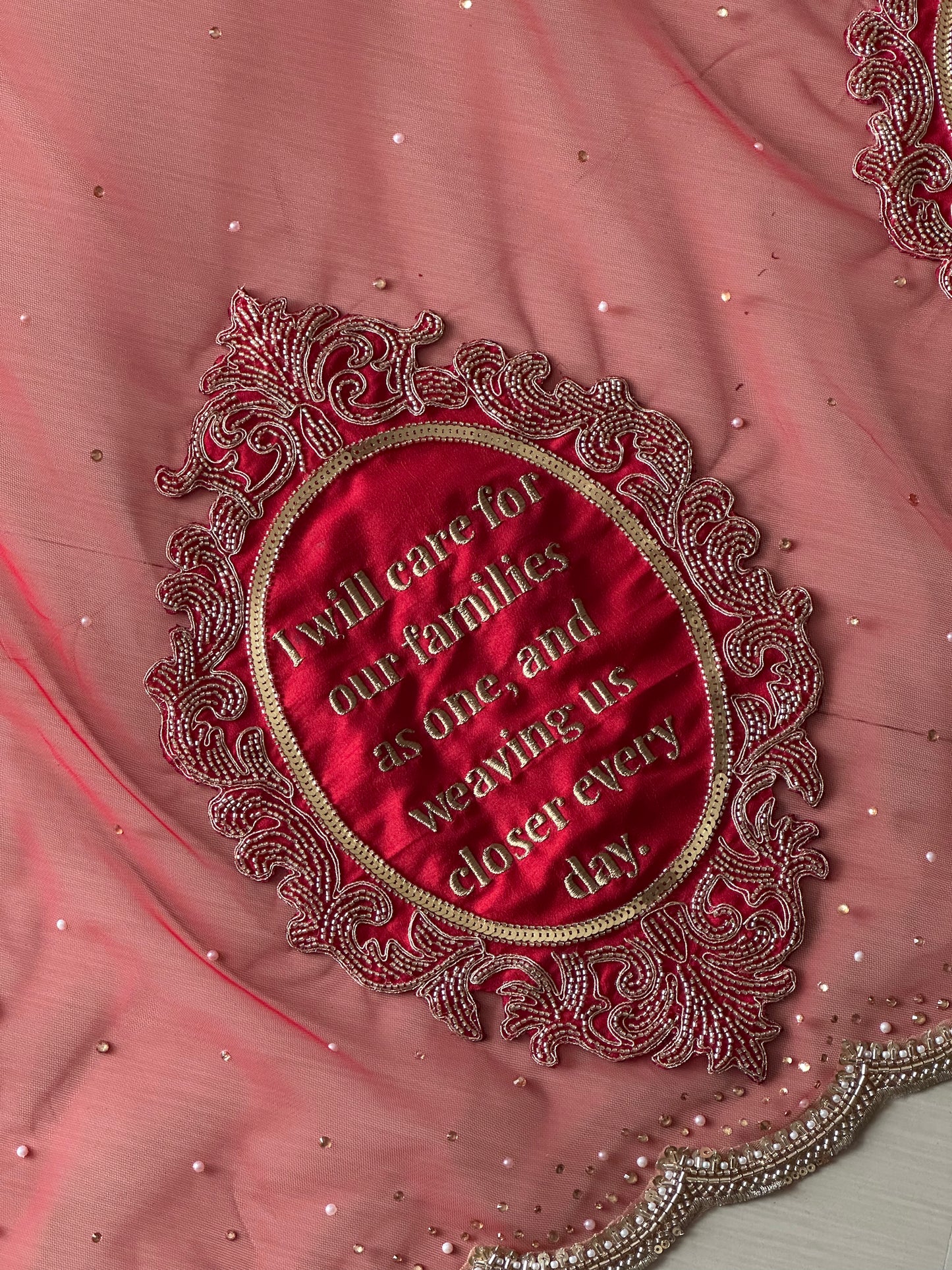 Saat Vachan – Custom Red Cathedral Veil with Couple's hashtag Embroidery