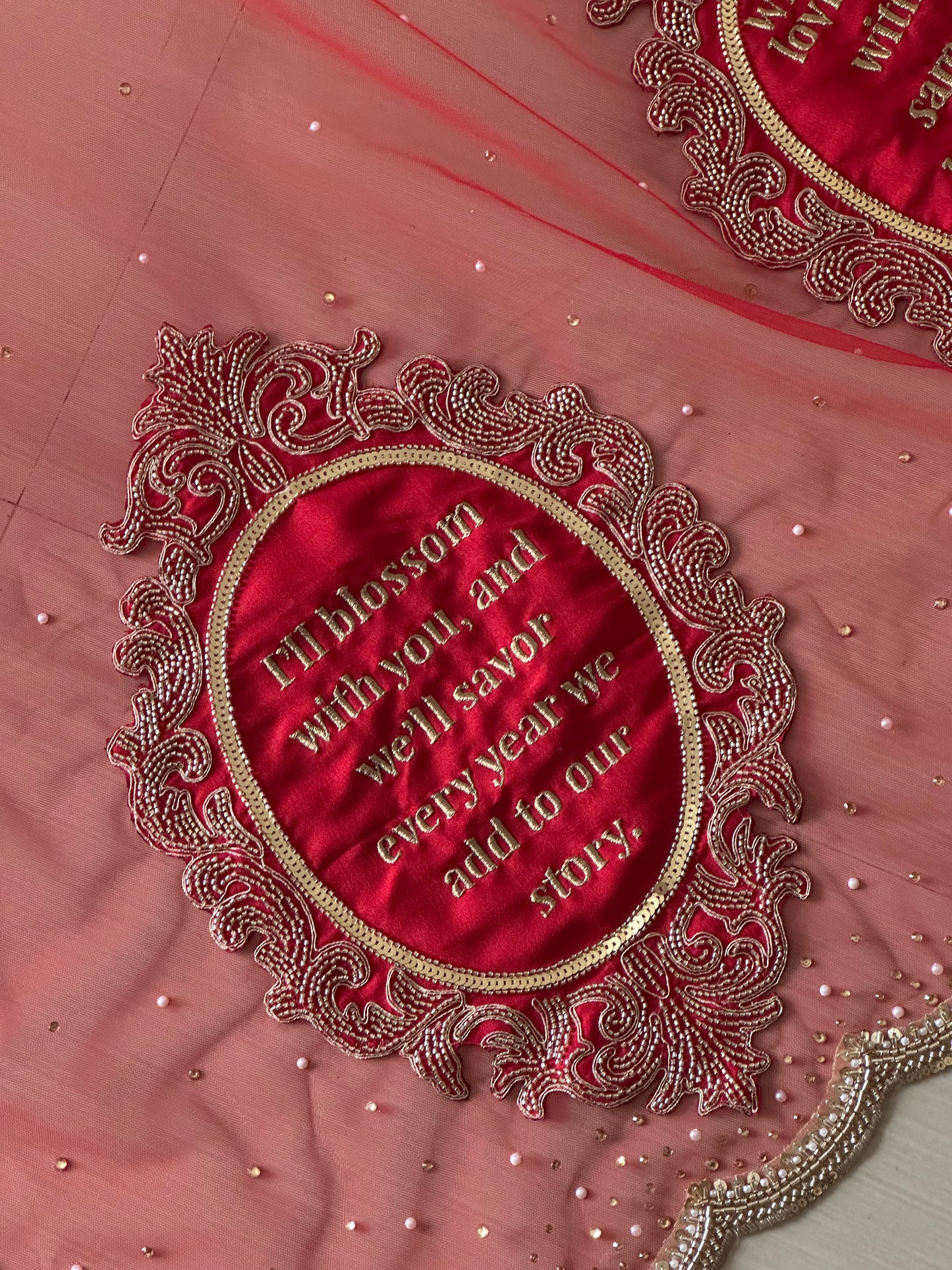 Saat Vachan – Custom Red Cathedral Veil with Couple's hashtag Embroidery