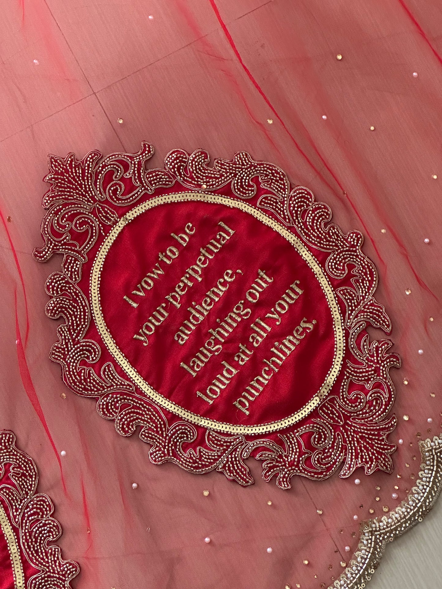 Saat Vachan – Custom Red Cathedral Veil with Couple's hashtag Embroidery