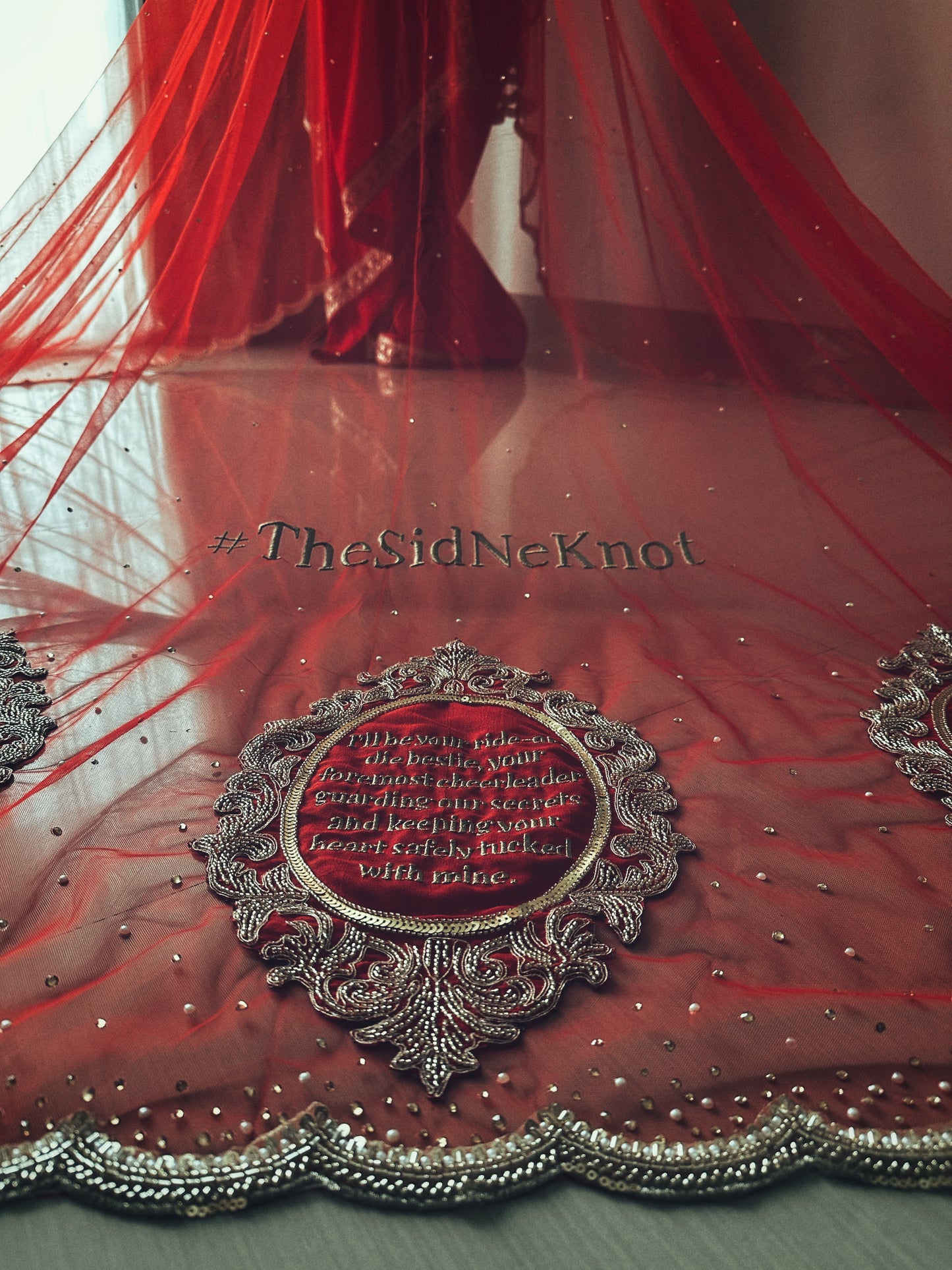 Saat Vachan – Custom Red Cathedral Veil with Couple's hashtag Embroidery