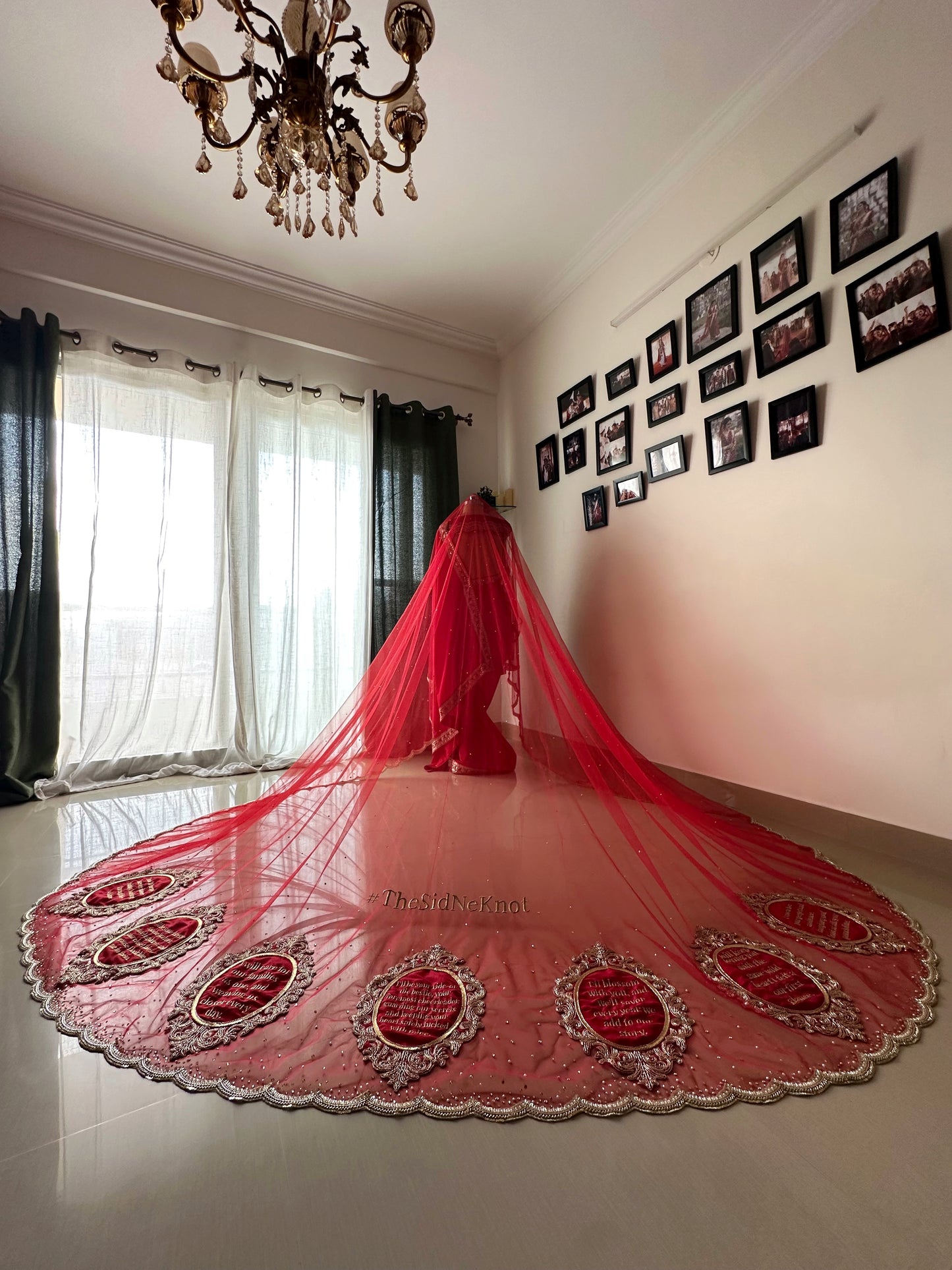 Saat Vachan – Custom Red Cathedral Veil with Couple's hashtag Embroidery