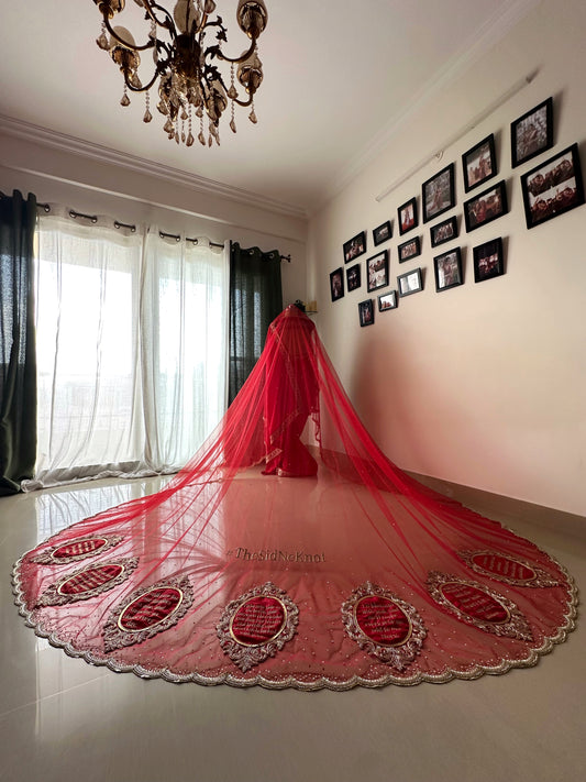 Saat Vachan – Custom Red Cathedral Veil with Couple's hashtag Embroidery