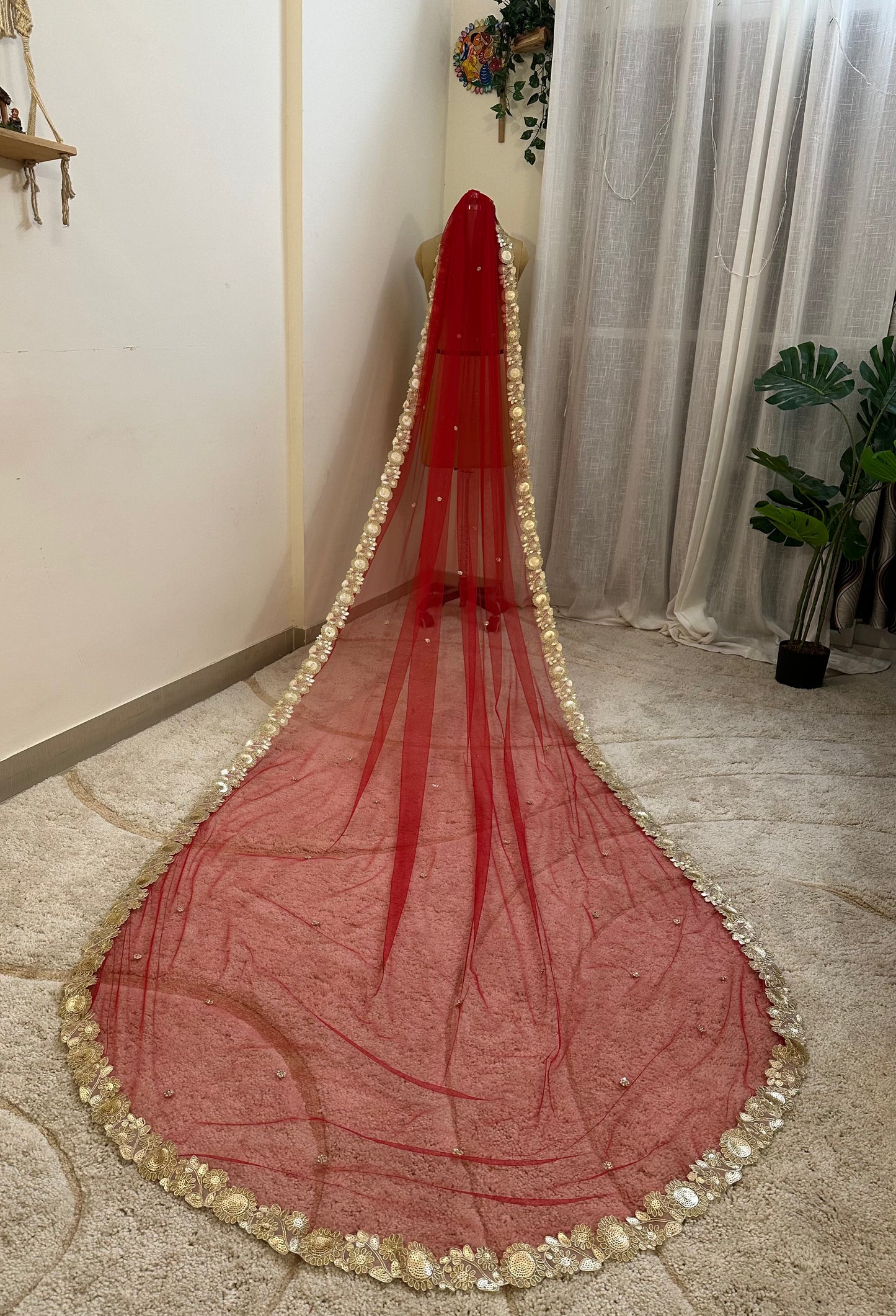 The Origin Veil : Maroon-Gold Classic; Stone studded Cathedral Length Veil