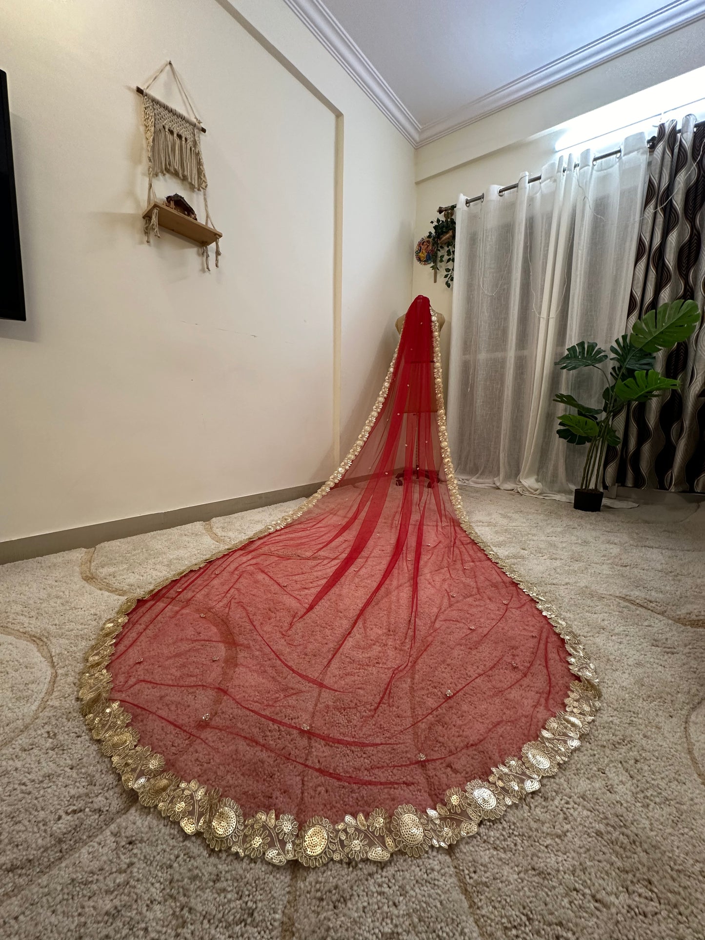 The Origin Veil : Maroon-Gold Classic; Stone studded Cathedral Length Veil