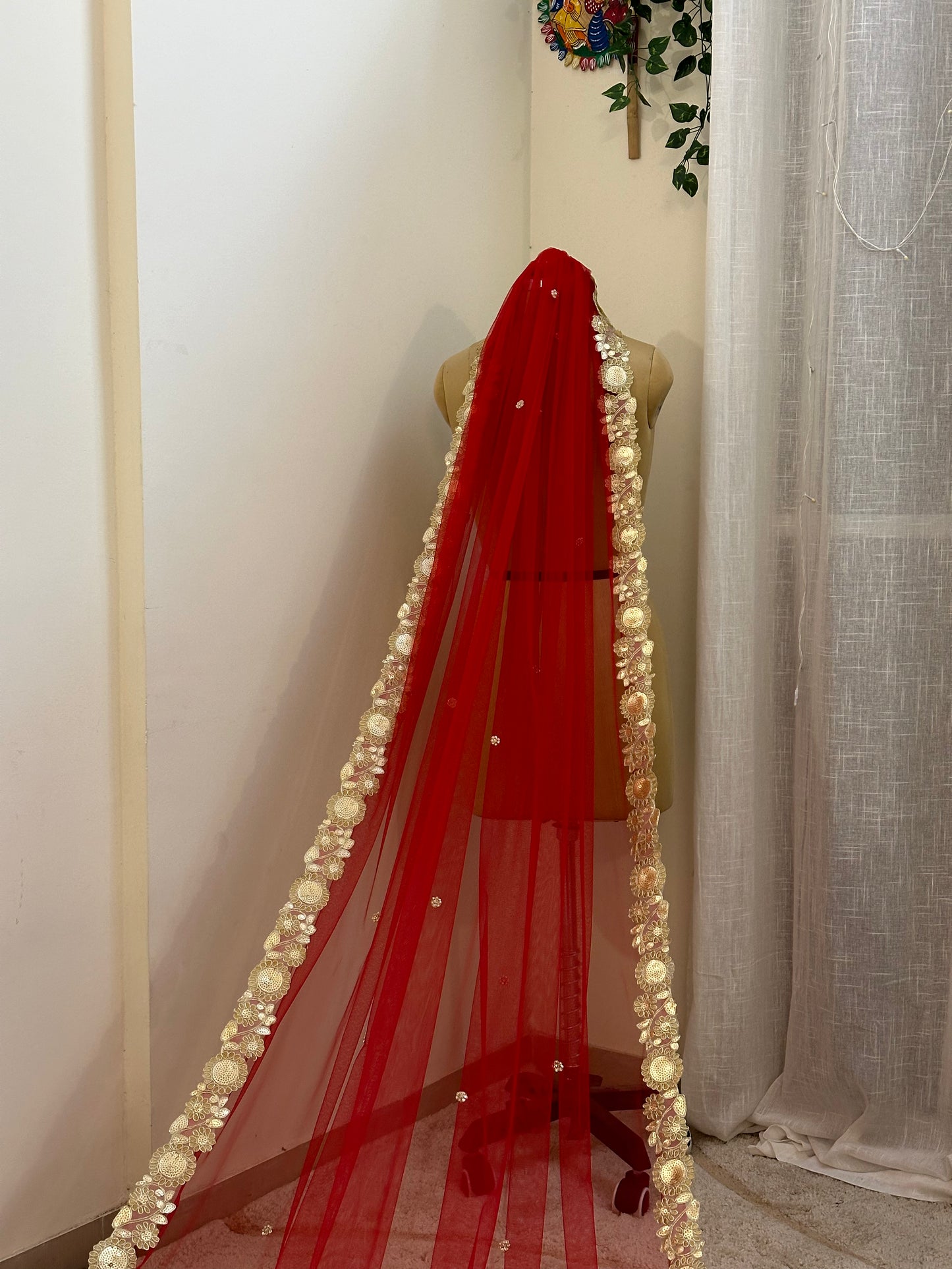 The Origin Veil : Maroon-Gold Classic; Stone studded Cathedral Length Veil