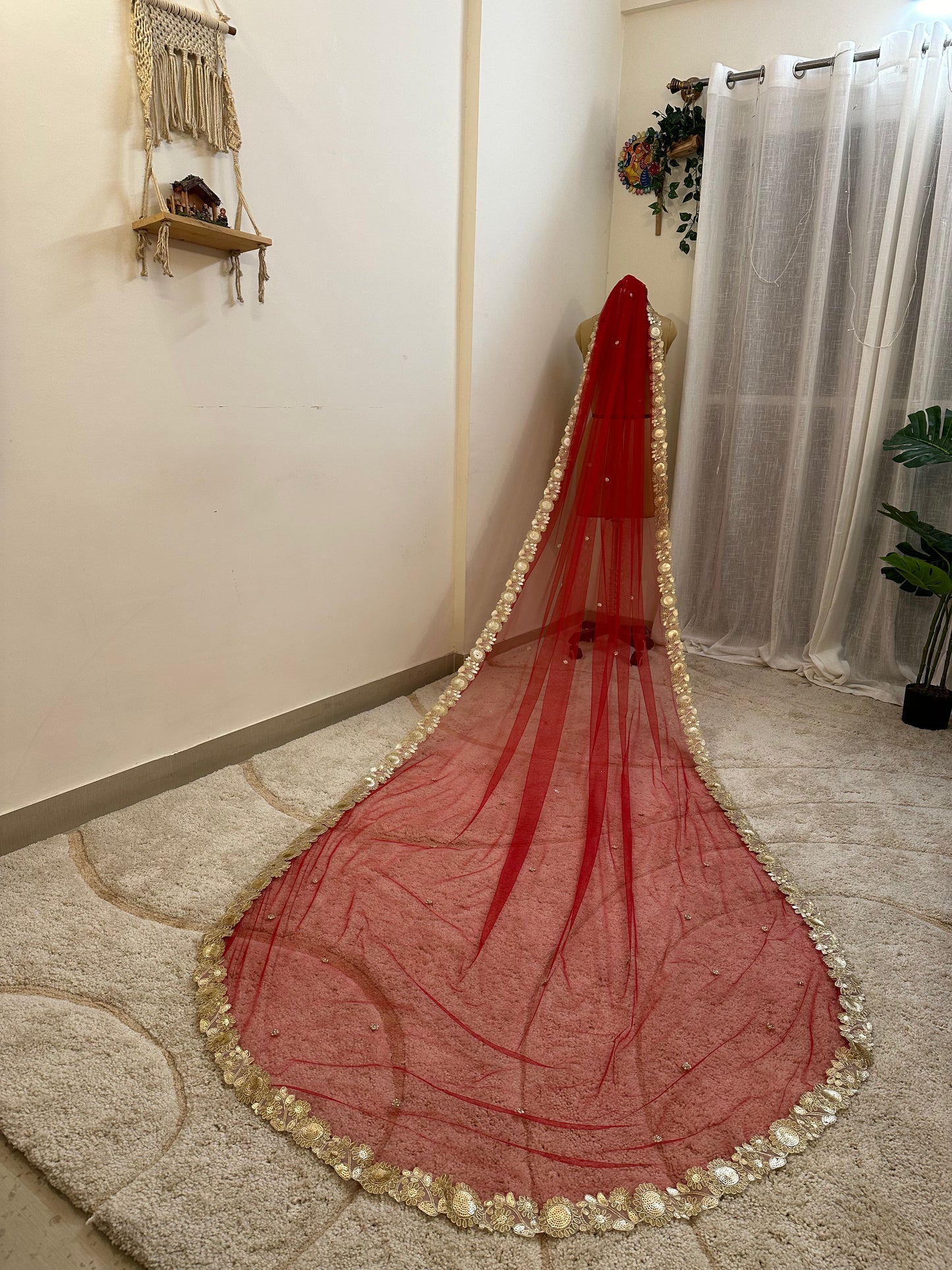 The Origin Veil : Maroon-Gold Classic; Stone studded Cathedral Length Veil