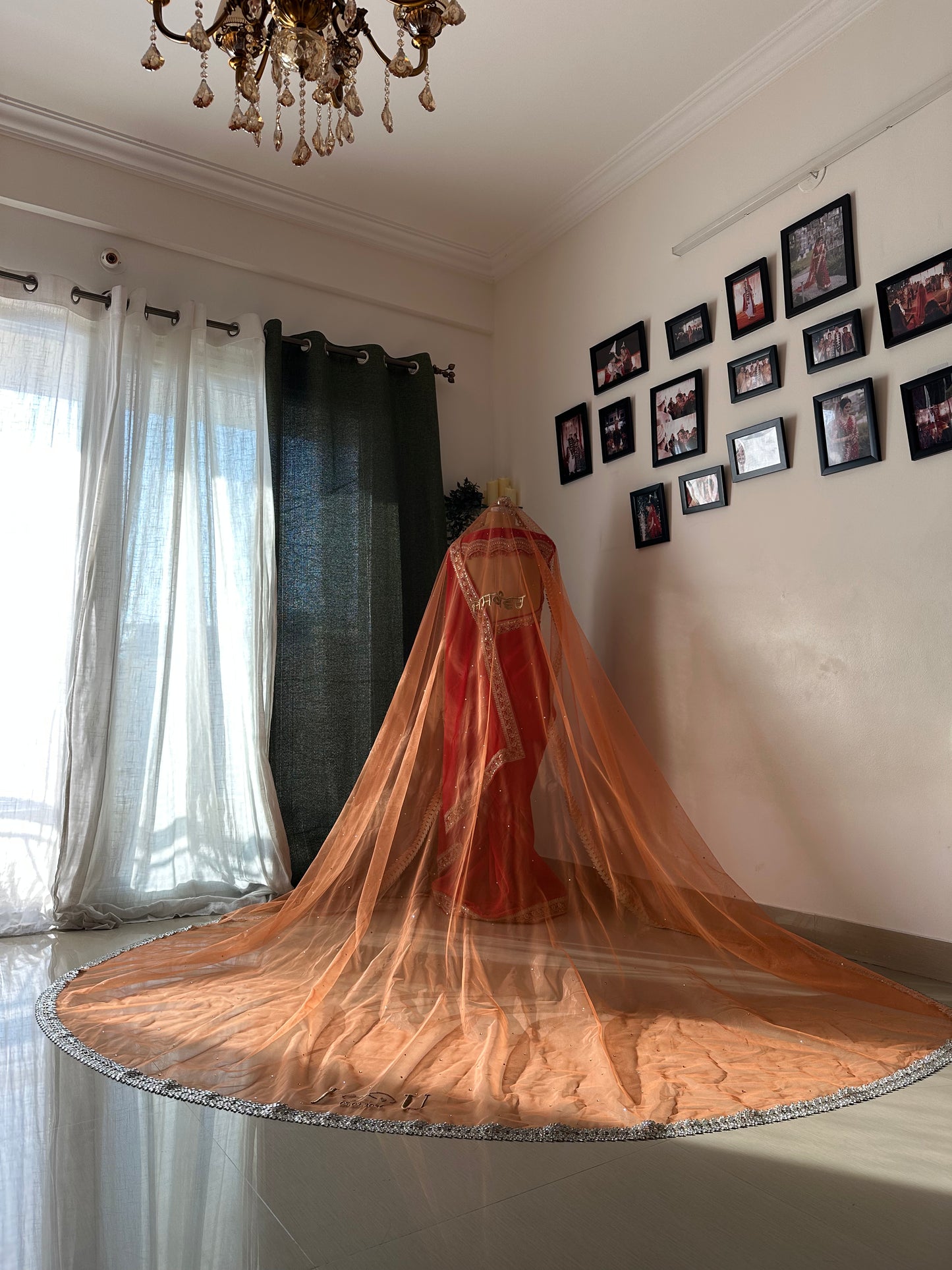 Kesariya : A Coral mirrored Cathedral length Bridal Veil with embroidered personalisations