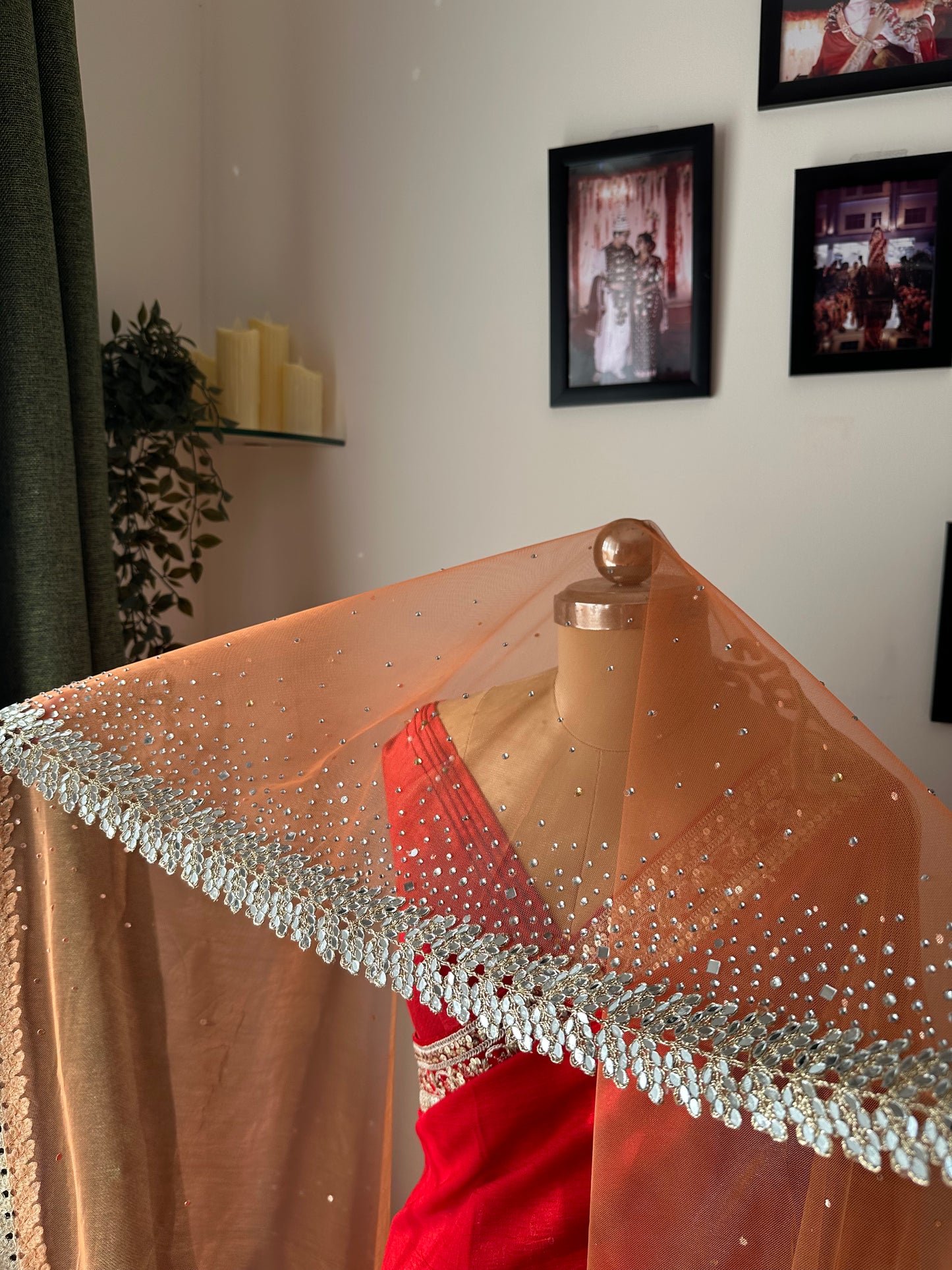 Kesariya : A Coral mirrored Cathedral length Bridal Veil with embroidered personalisations