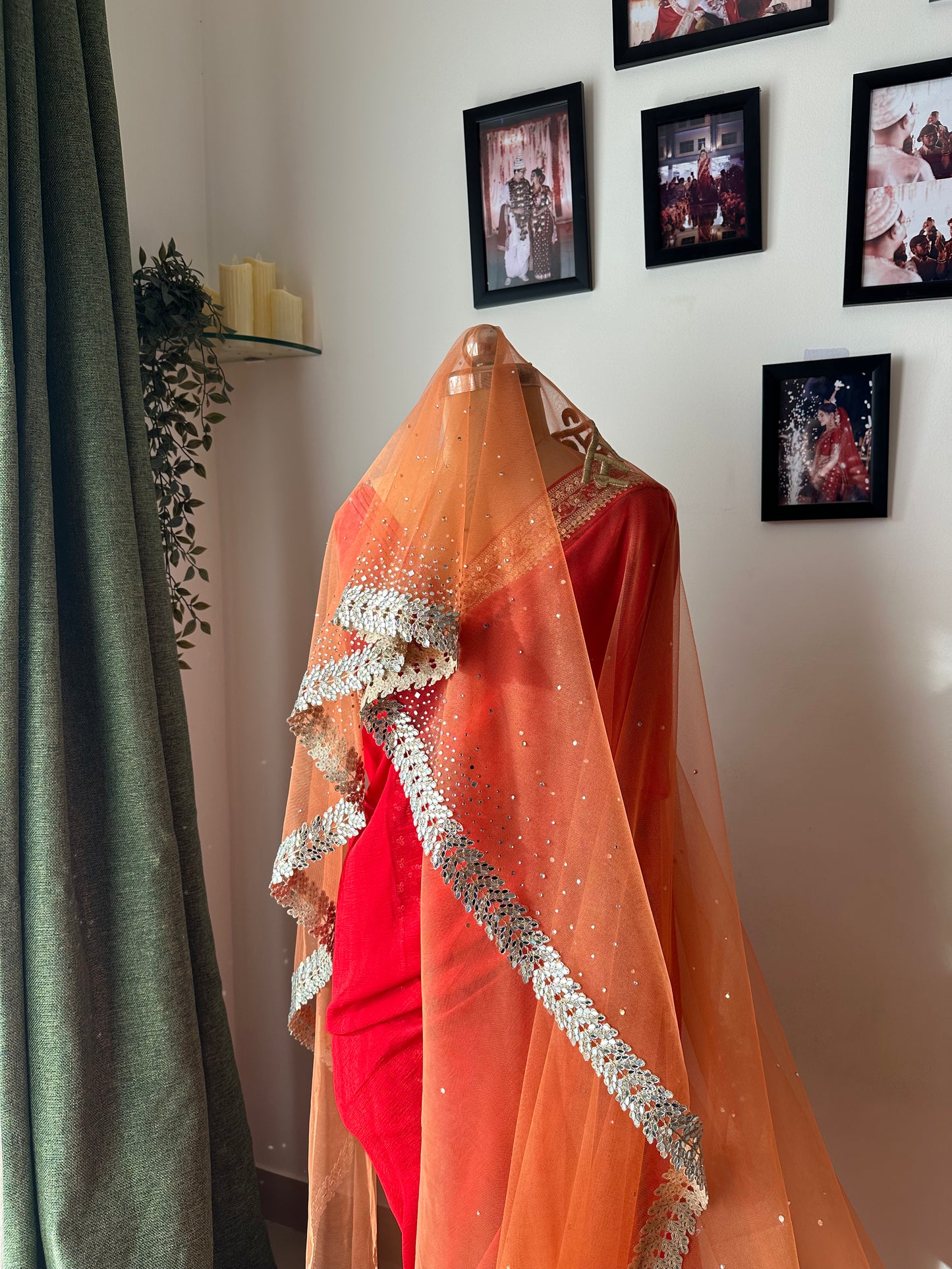 Kesariya : A Coral mirrored Cathedral length Bridal Veil with embroidered personalisations