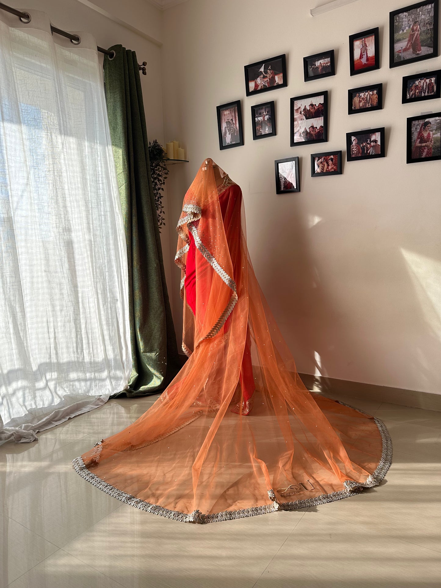 Kesariya : A Coral mirrored Cathedral length Bridal Veil with embroidered personalisations