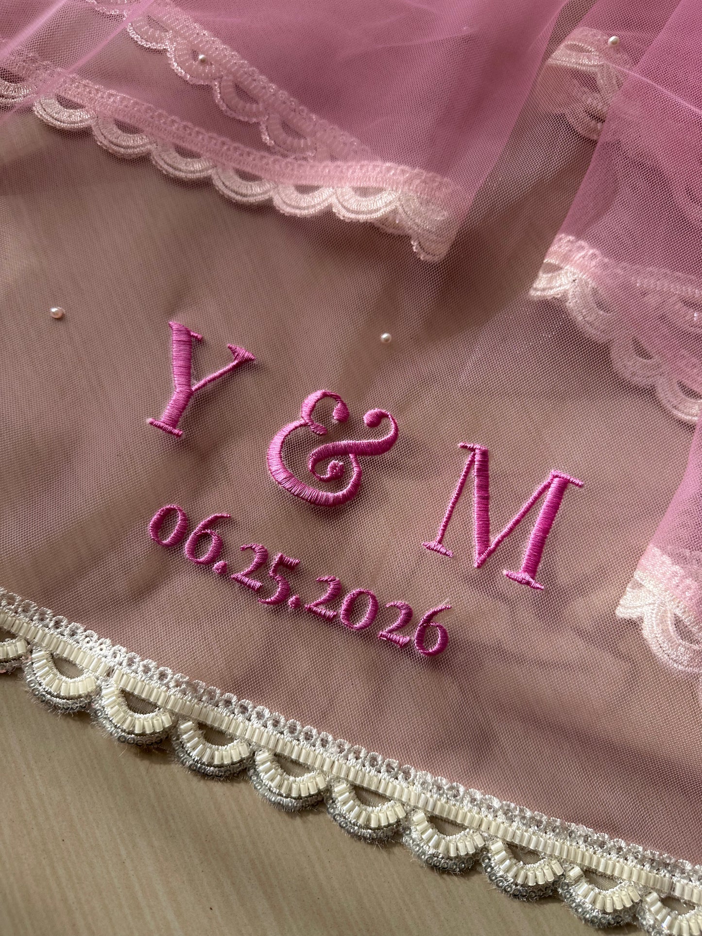 Rosette : An Ombre Blush pink Chapel length Veil with Initials