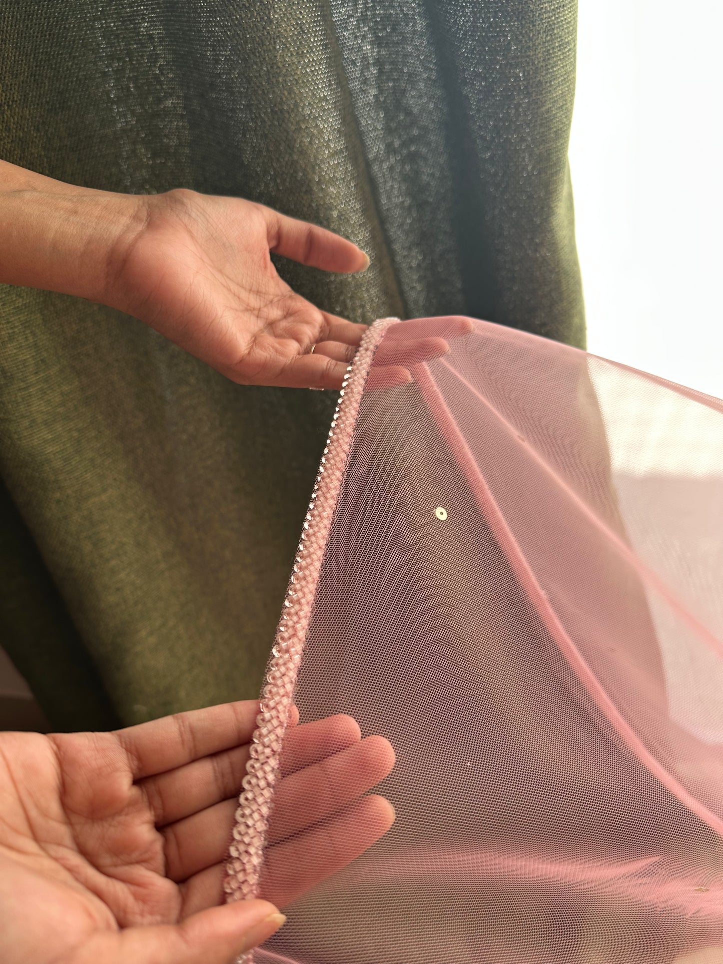 Blush Halo : Baby Pink Cathedral Length Bridal Veil with Sleek Beaded Border