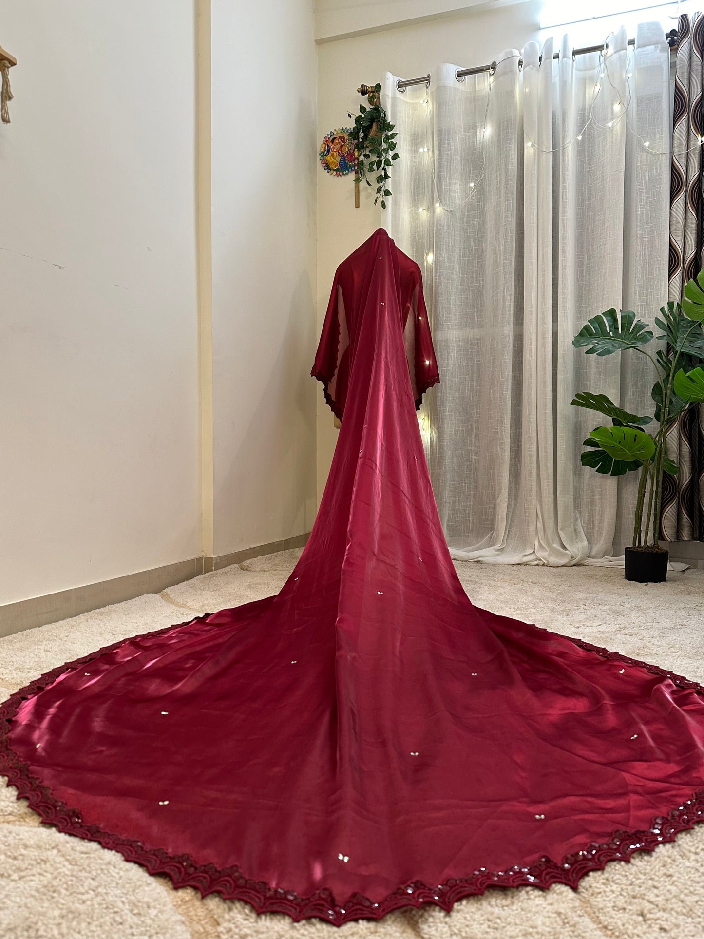 Garnet Haze – Maroon Cathedral Veil in Sheer Gossamer Organza
