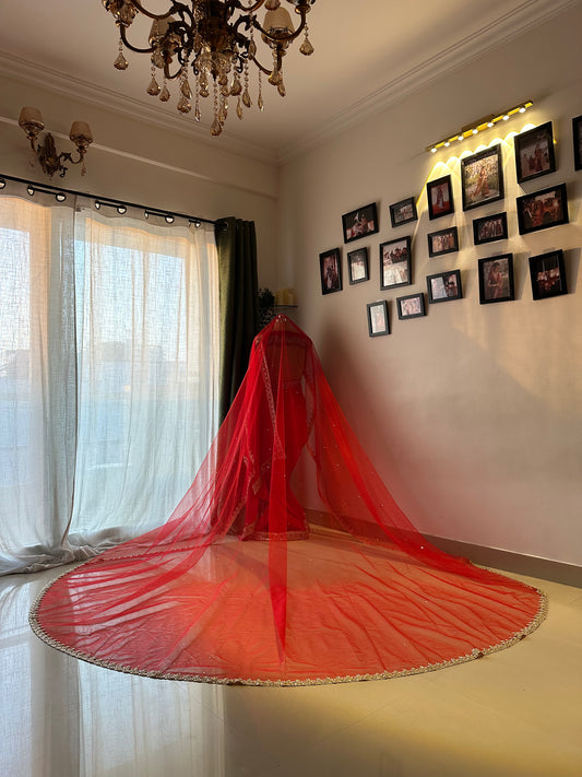 Ruby : Red Cathedral length full flared veil with Golden Leaf Detailing